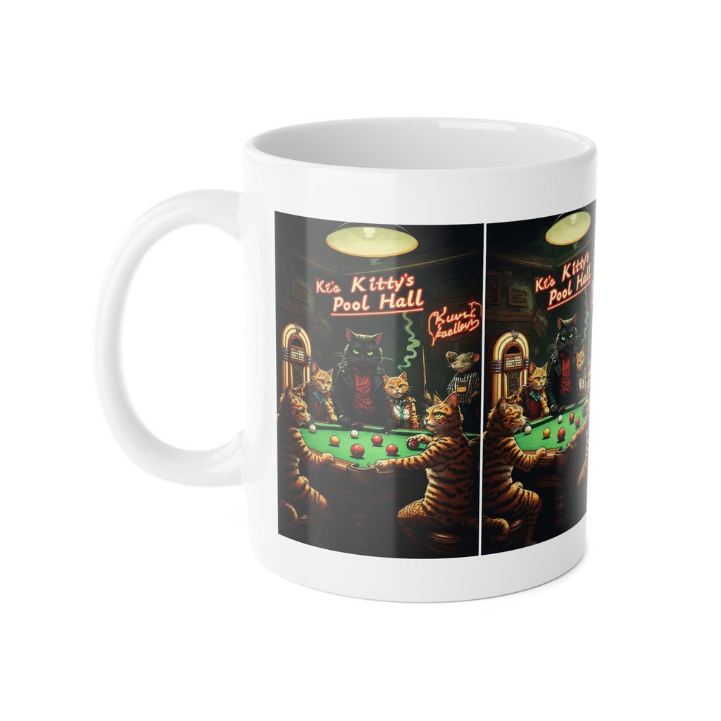 Kitty’s Pool Hall Ceramic Mug — Vintage Cat Billiards Coffee Cup