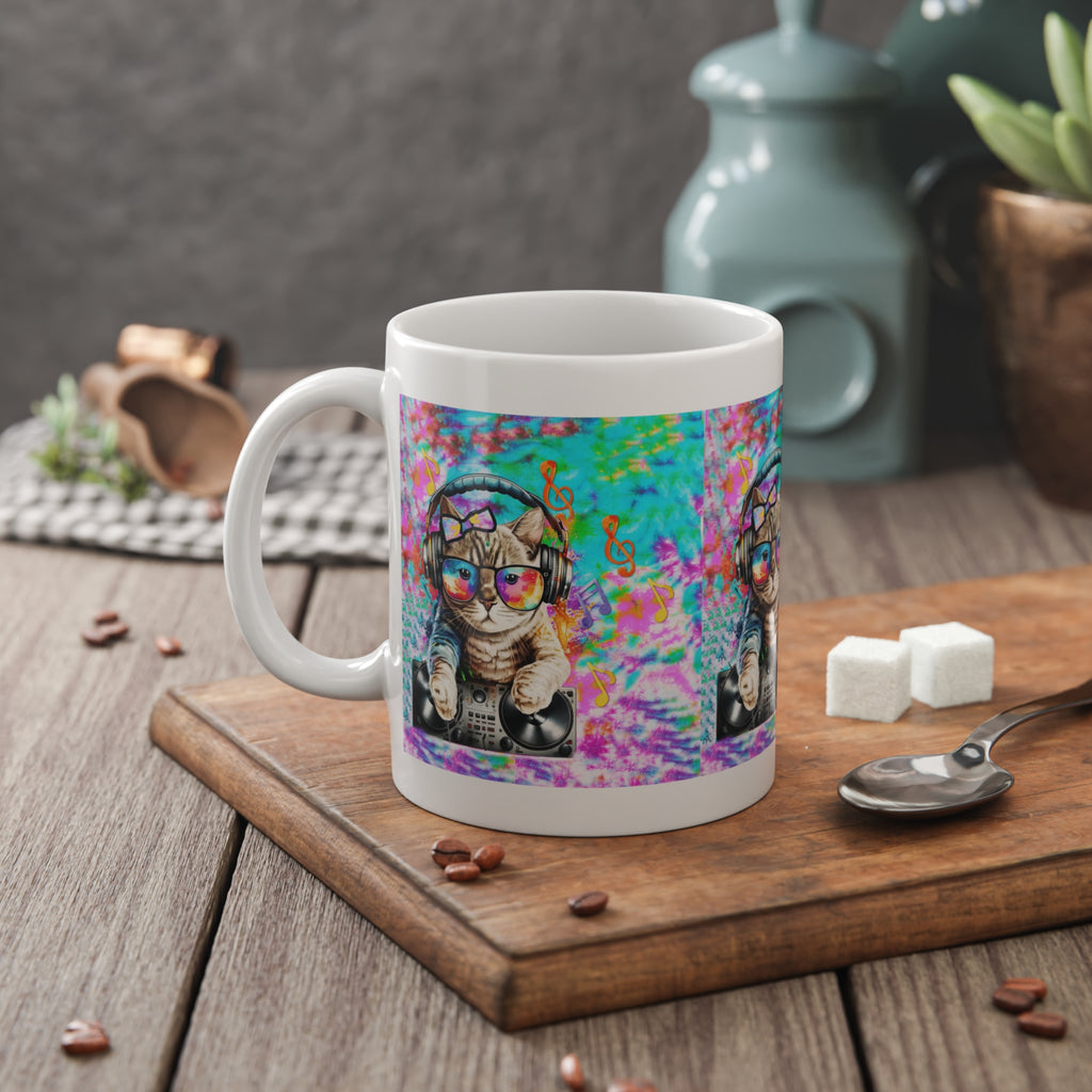 DJ Cat Ceramic Mug — Colorful Retro Cat with Headphones & Turntable, 11oz Coffee Cup