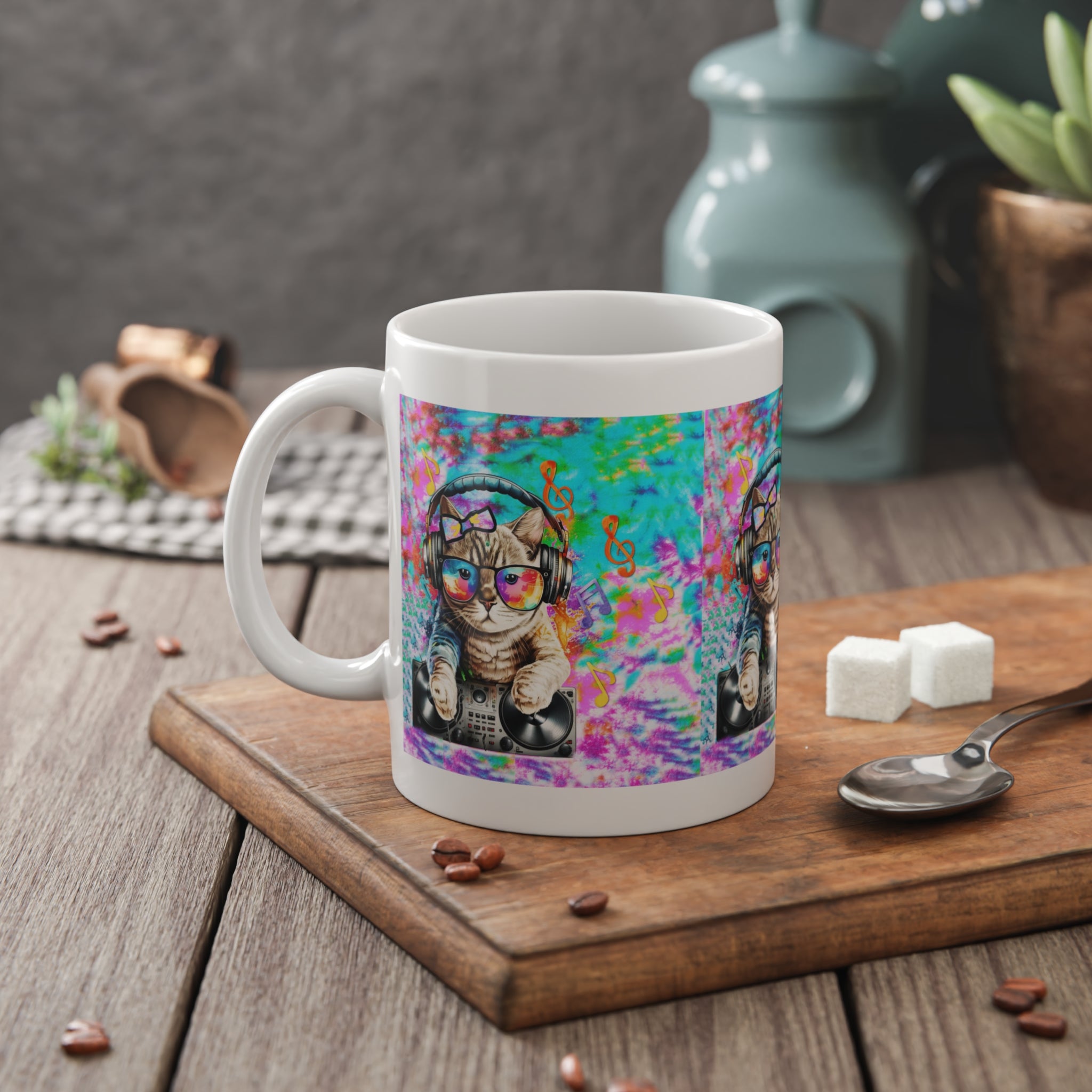 DJ Cat Ceramic Mug — Colorful Retro Cat with Headphones & Turntable, 11oz Coffee Cup