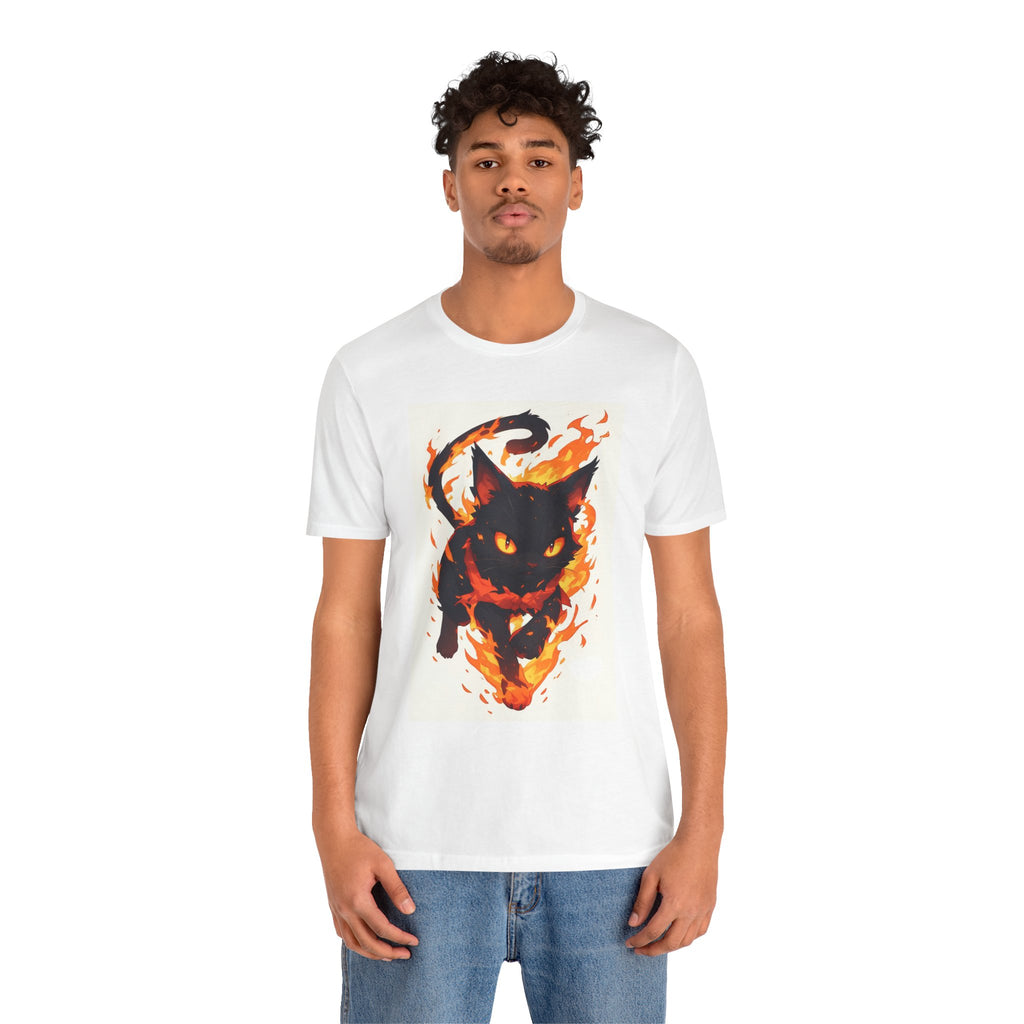Flaming Black Cat Tee — Fiery Halloween Graphic T-Shirt