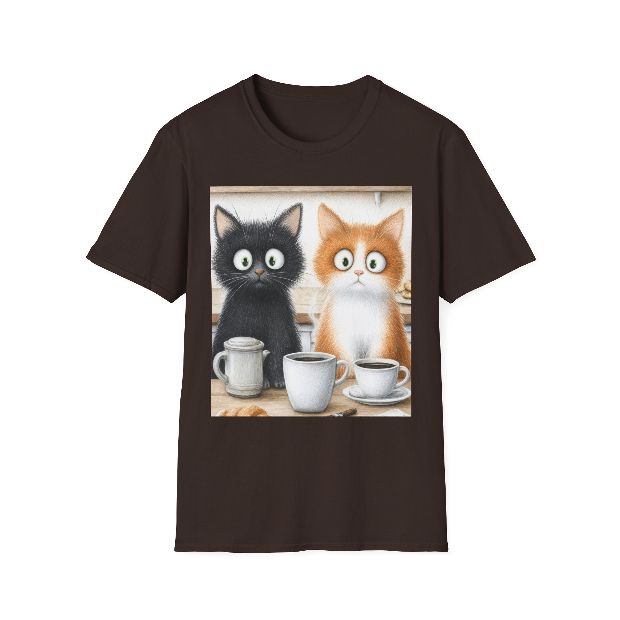 Cute Coffee Cats T‑Shirt — Wide‑Eyed Black & Ginger Kittens Graphic Tee