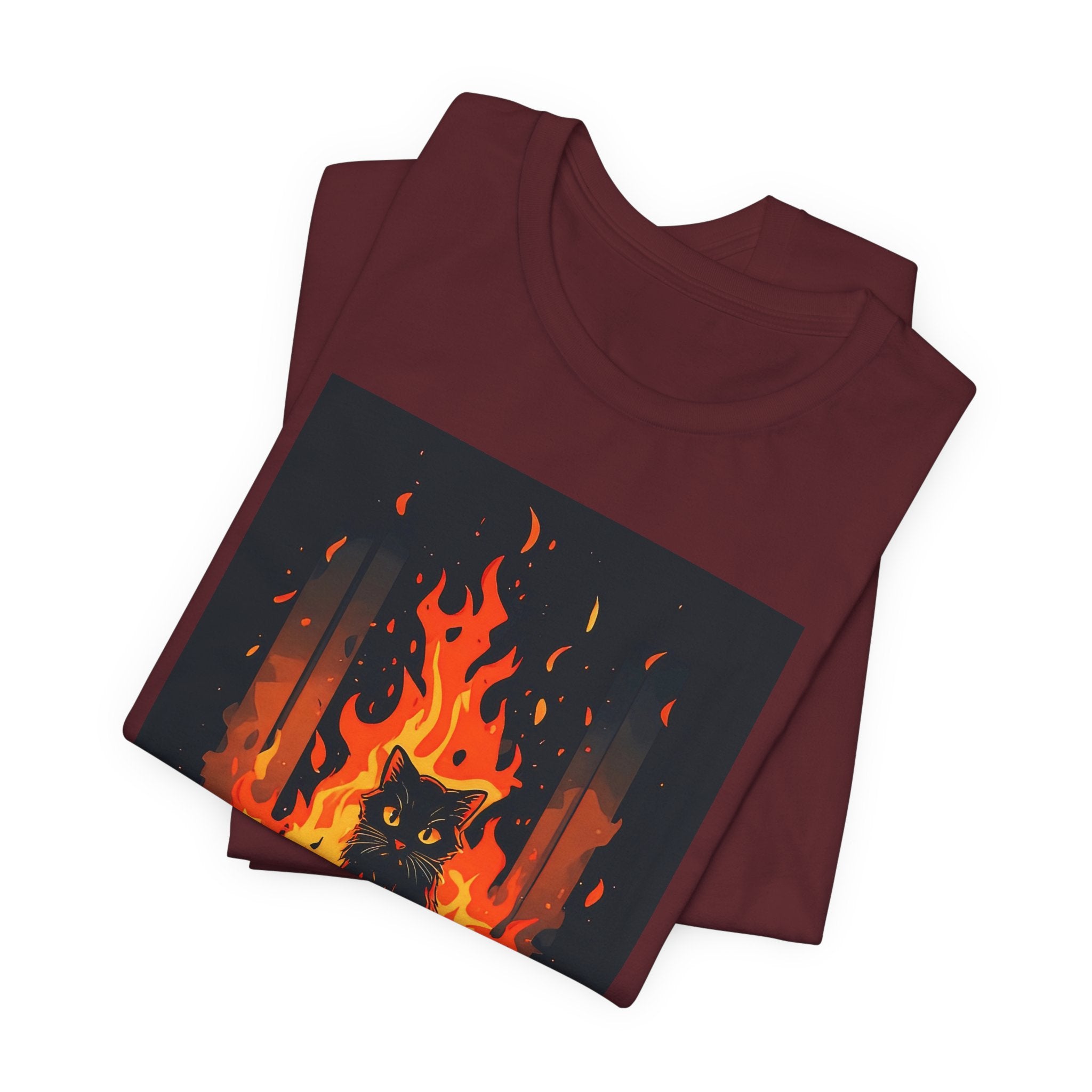 Everything Is Fine Cat Tee — Funny Cat Shirt with Burning Flames Graphic