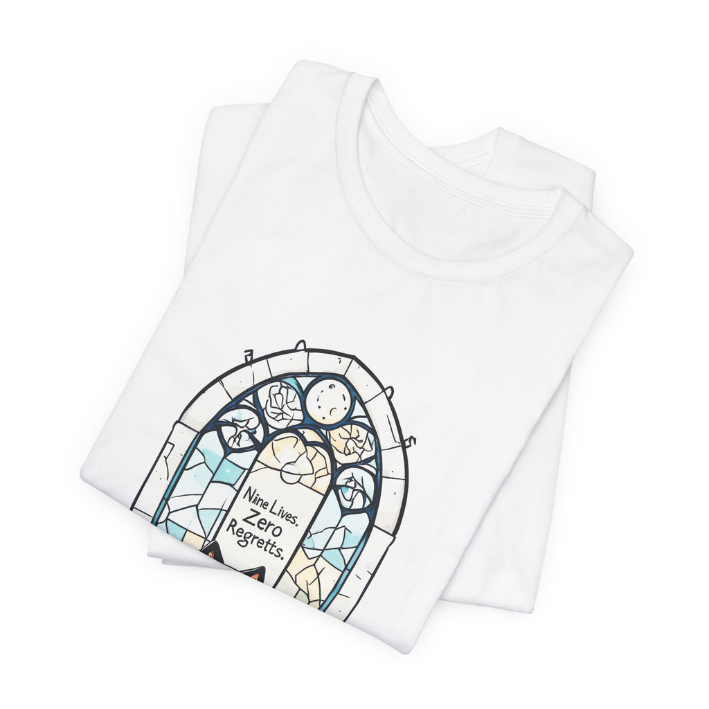Cat Stained Glass Tee — 'No Lives, Zero Regrets' Graphic T-Shirt