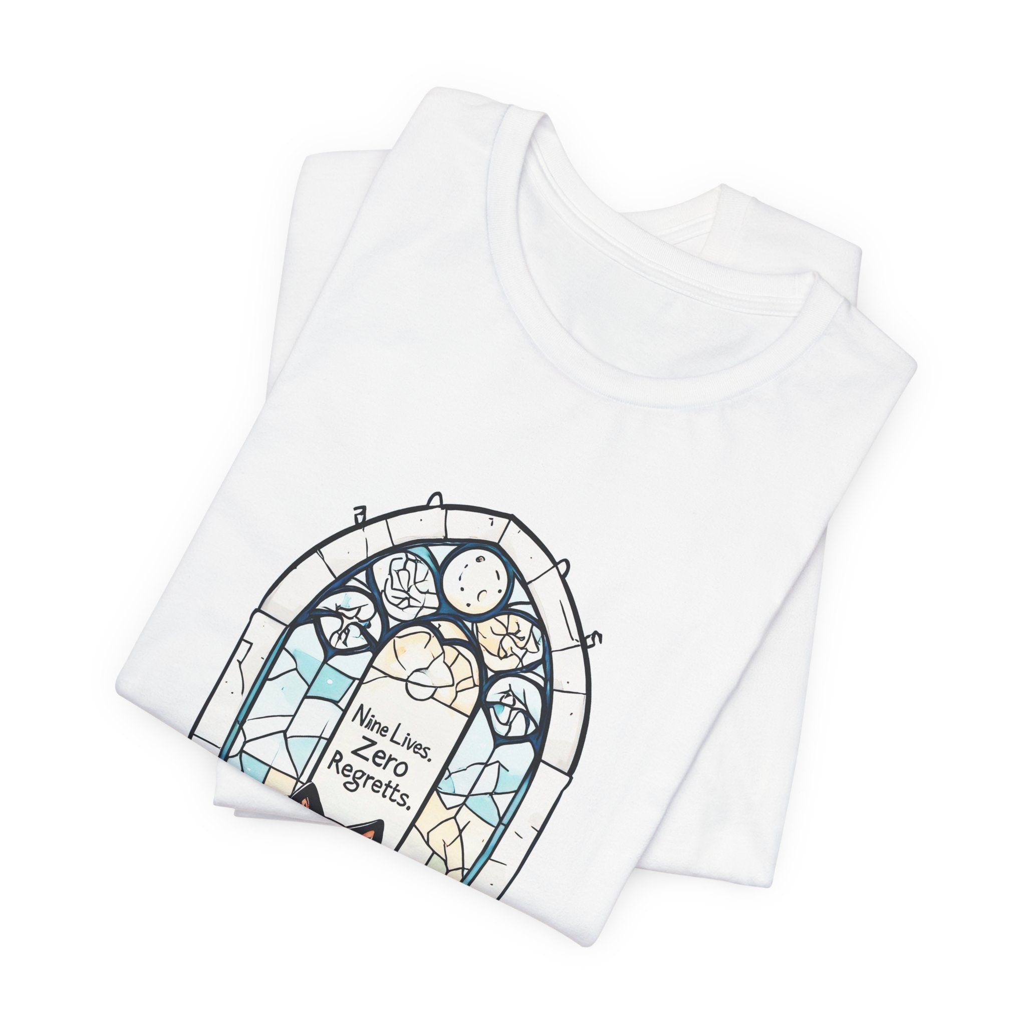 Cat Stained Glass Tee — 'No Lives, Zero Regrets' Graphic T-Shirt