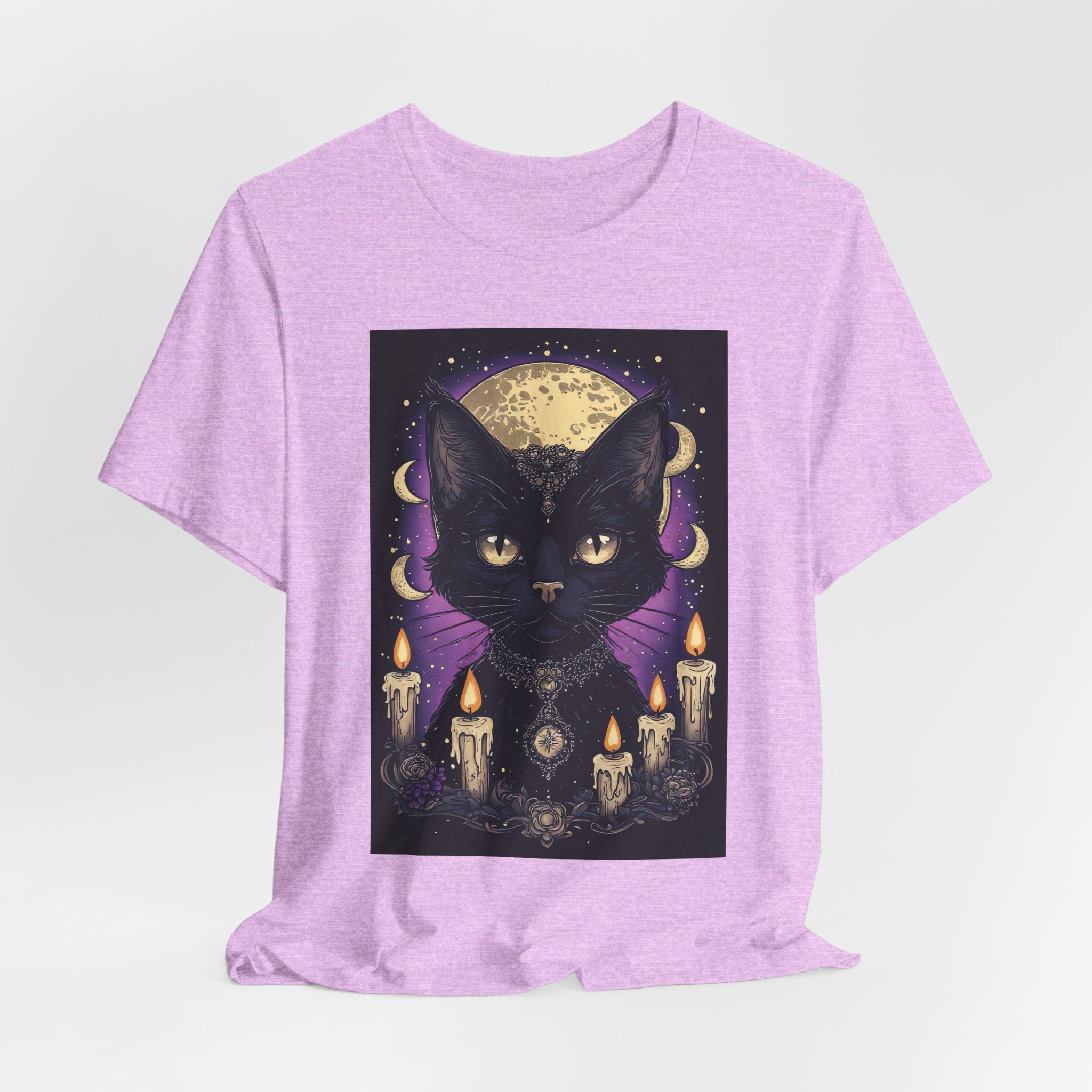 Mystic Black Cat Tee — Moon, Candles & Crescent Phases Graphic T-Shirt