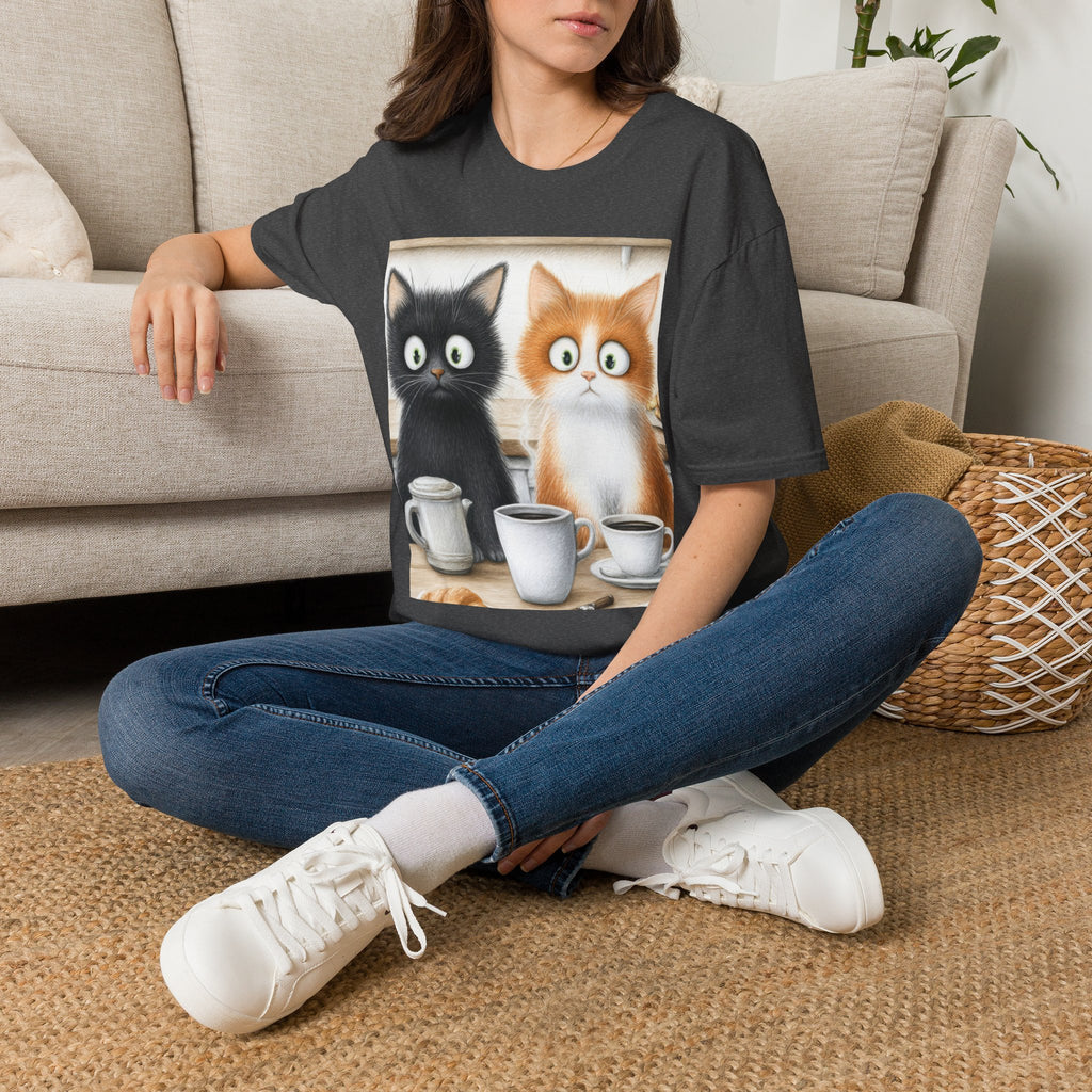 Cute Coffee Cats T‑Shirt — Wide‑Eyed Black & Ginger Kittens Graphic Tee