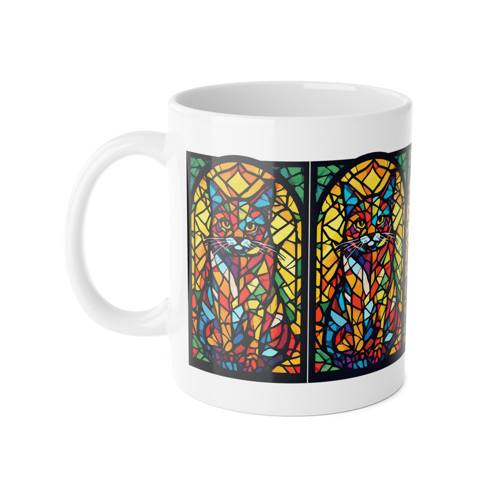 Stained Glass Cat Mug — 11oz Ceramic Coffee Cup, Colorful Cathedral-Style Cat Art