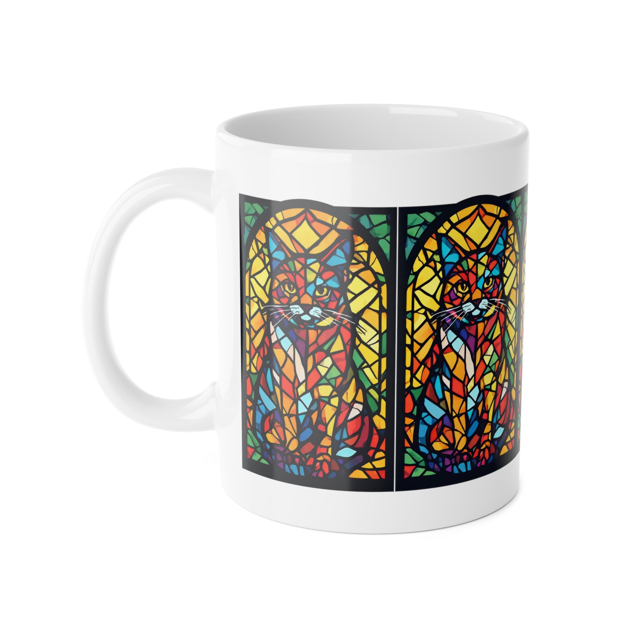 Stained Glass Cat Mug — 11oz Ceramic Coffee Cup, Colorful Cathedral-Style Cat Art