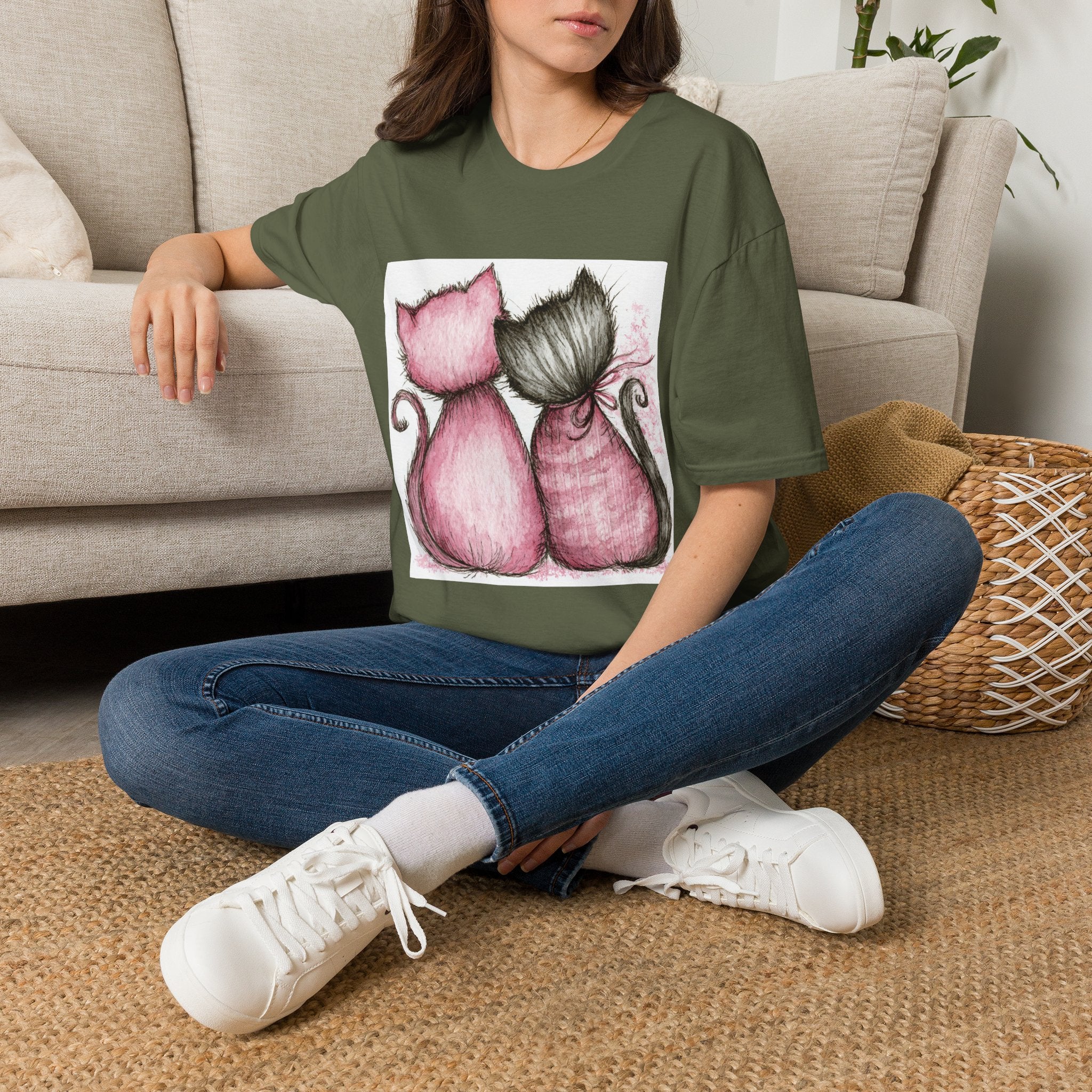 Sweetheart Cats T-Shirt — Pink & Gray Kitty Love Graphic Tee