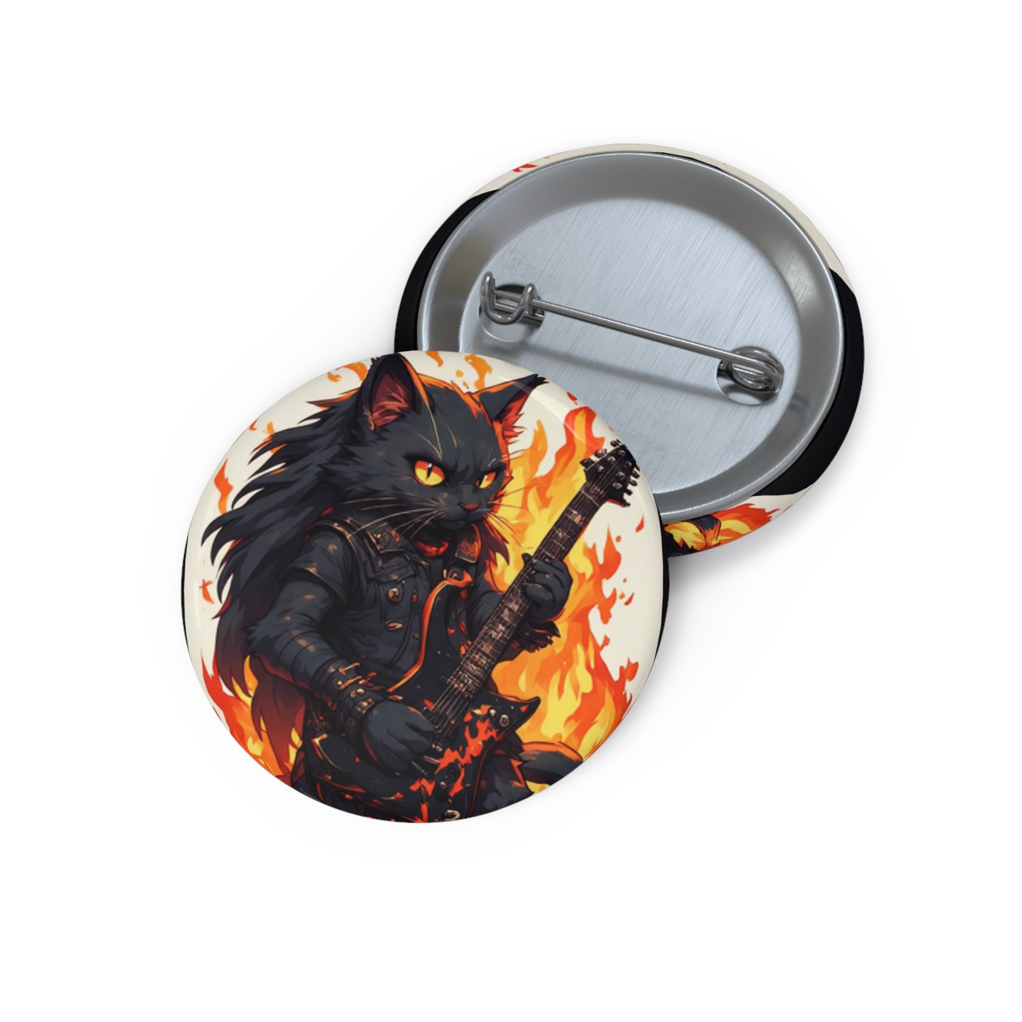 Flaming Rock Cat Pin Button — Guitarist Black Cat Enamel-Style Badge