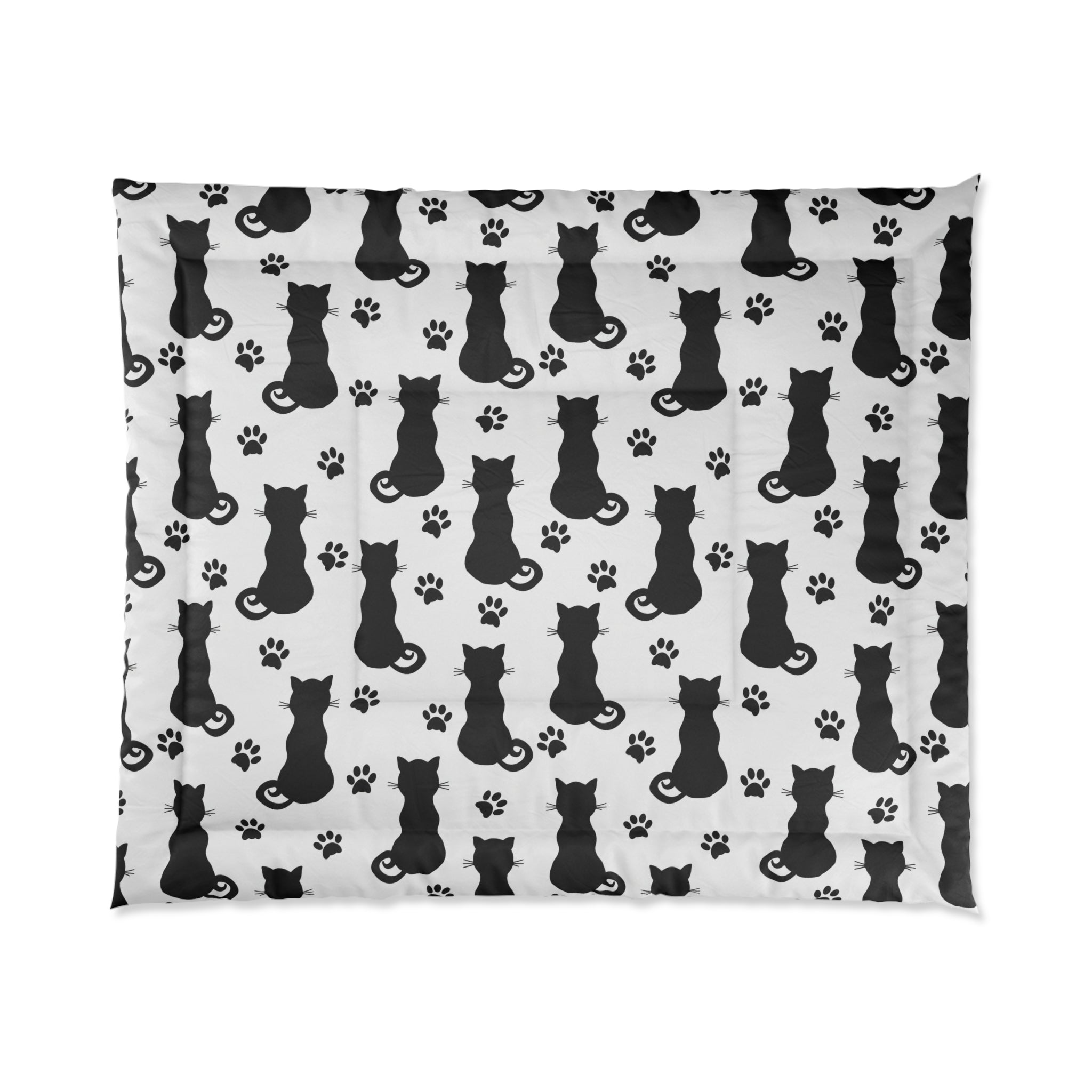 Black Cat Paw Print Comforter — Cute Cat Pattern Bedding for Cat Lovers