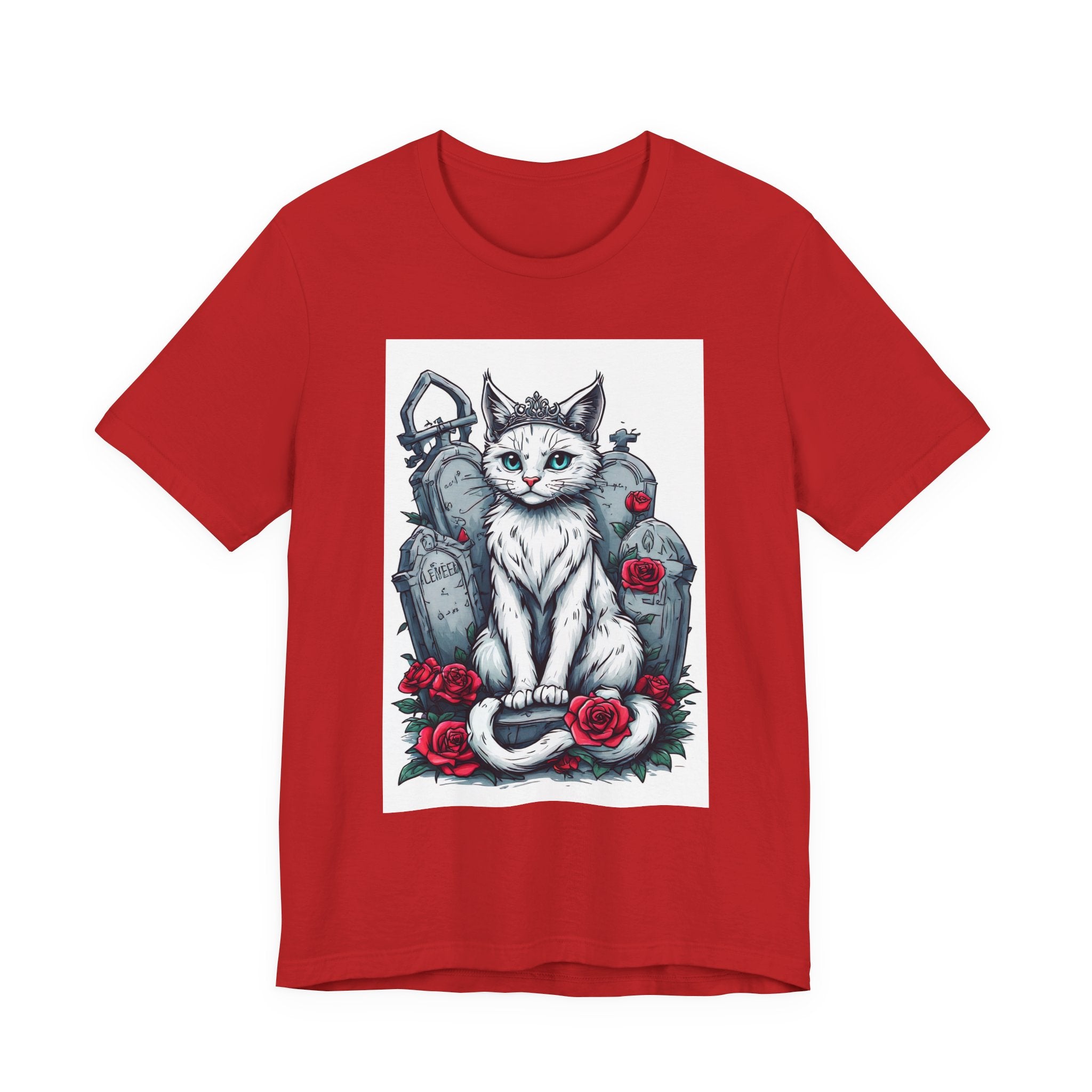 Gothic Cat Graveyard Tee – White Cat with Tombstones & Roses Graphic T-Shirt