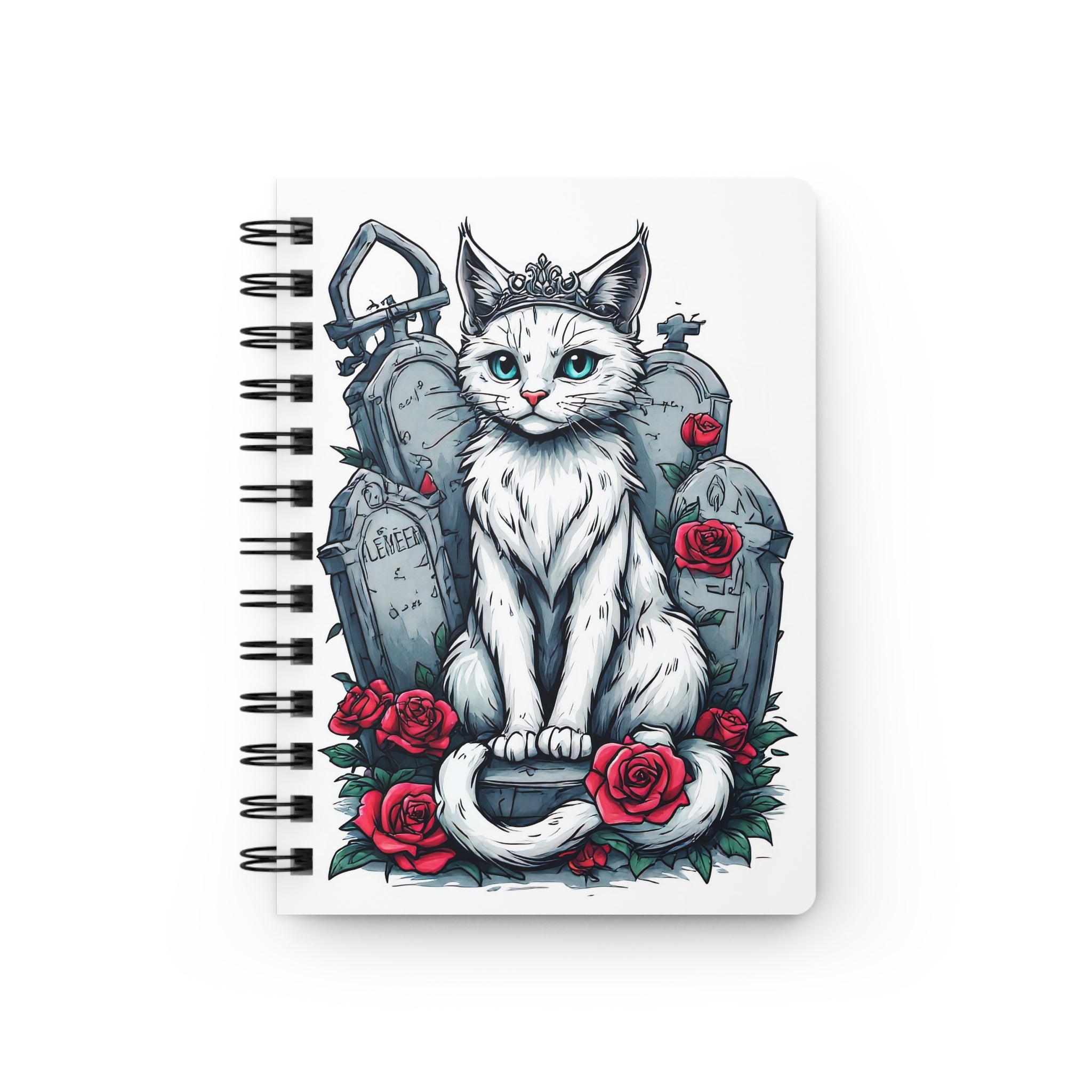 Gothic Cat Queen Spiral Notebook – White Cat with Crown, Roses & Tombstones Journal