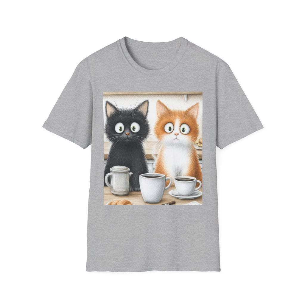 Cute Coffee Cats T‑Shirt — Wide‑Eyed Black & Ginger Kittens Graphic Tee