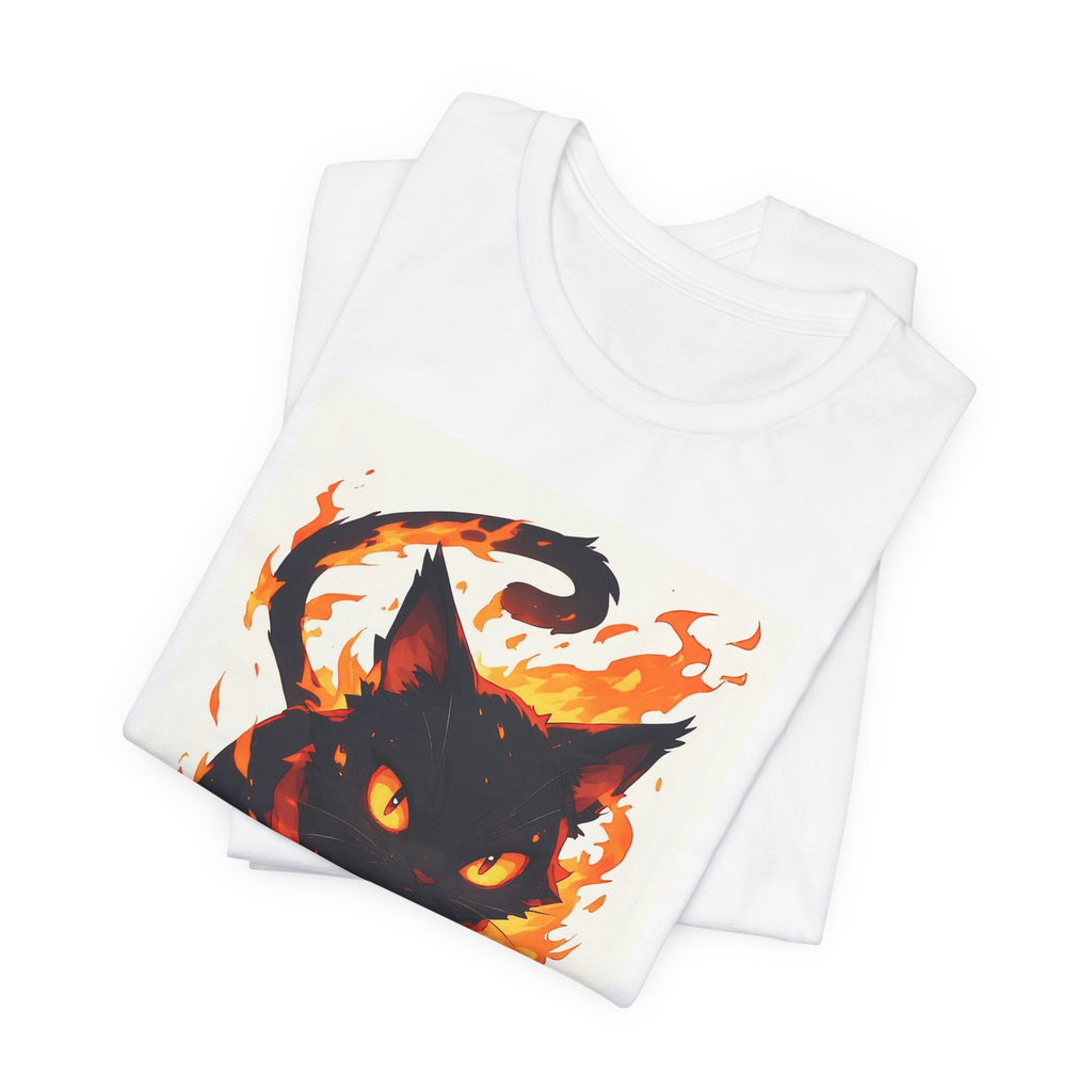 Flaming Black Cat Tee — Fiery Halloween Graphic T-Shirt