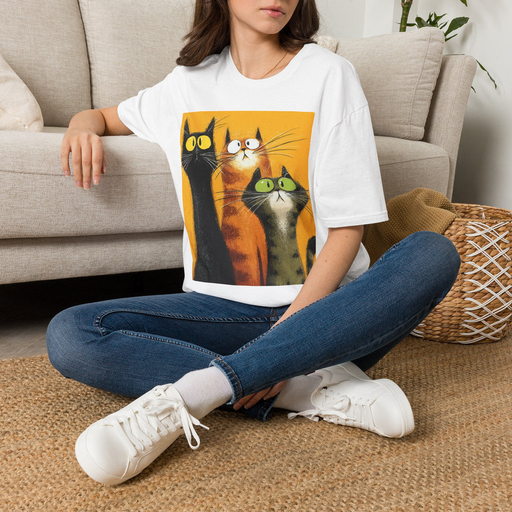 Cat Trio Graphic T-Shirt — Cute Whimsical Cats Art Tee
