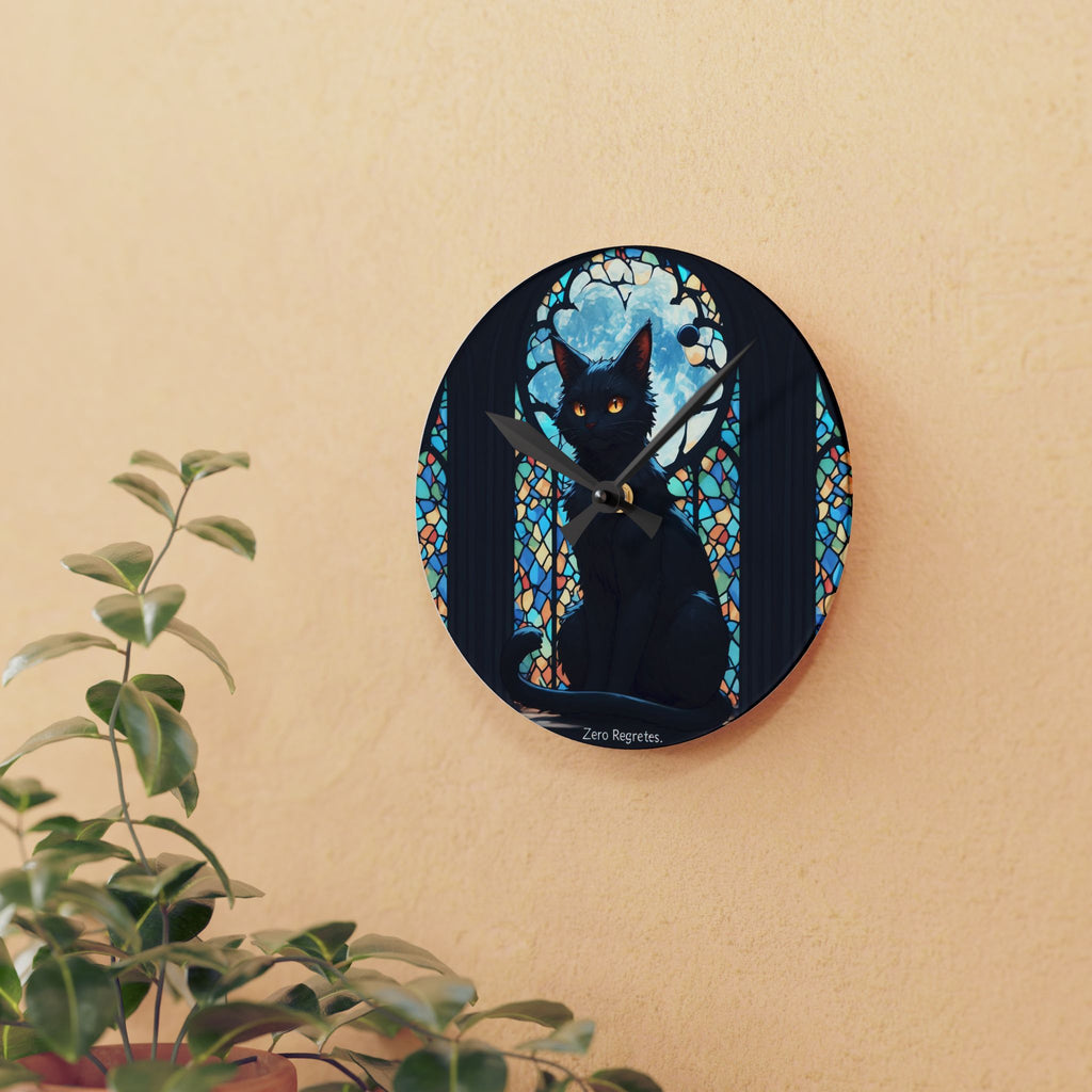 Moonlit Mystic Cat Wall Clock – Gothic Stained Glass Black Cat Decor