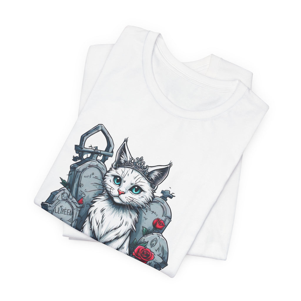 Gothic Cat Graveyard Tee – White Cat with Tombstones & Roses Graphic T-Shirt