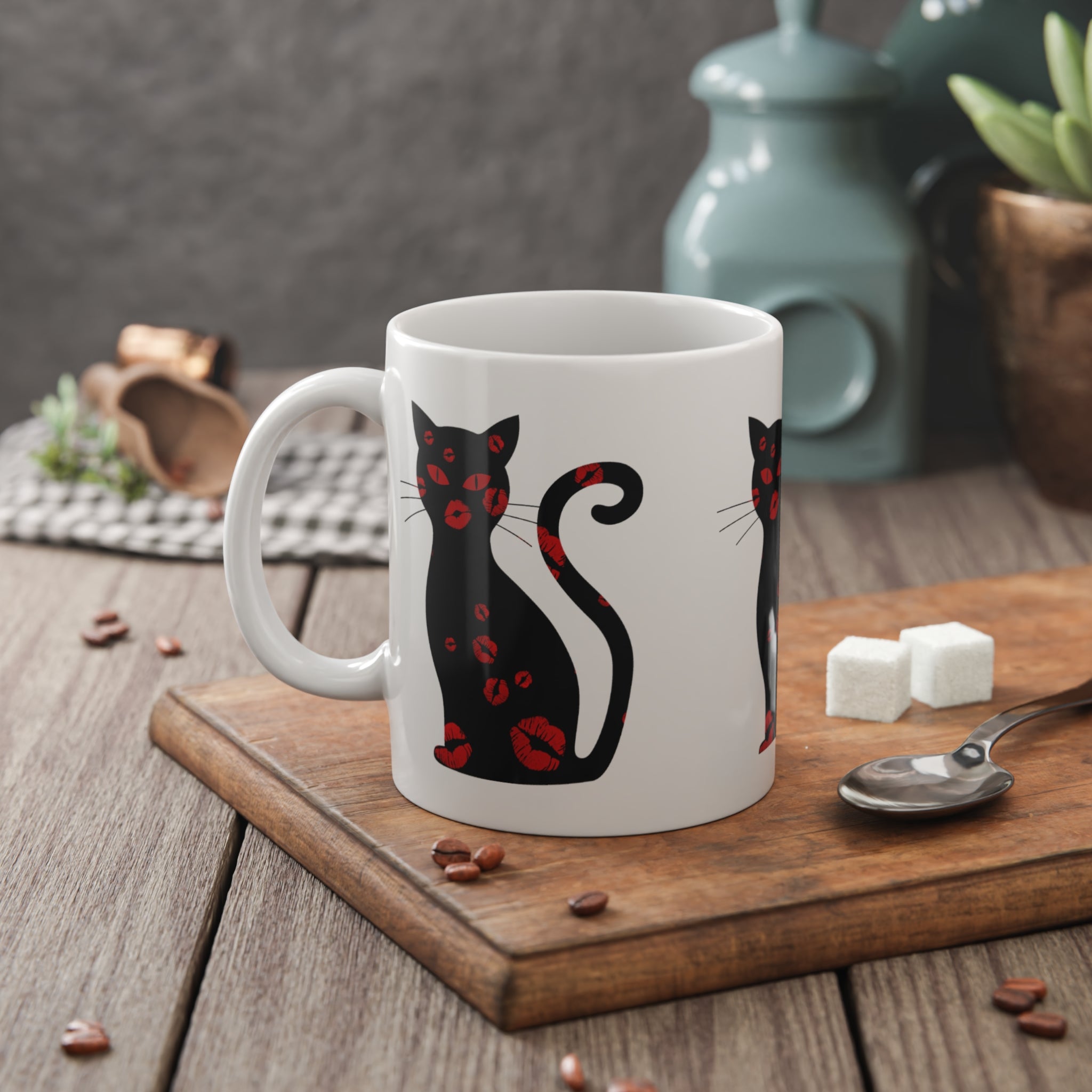 Black Cat Kiss Mug — 11oz Ceramic Coffee Cup with Red Lipstick Prints