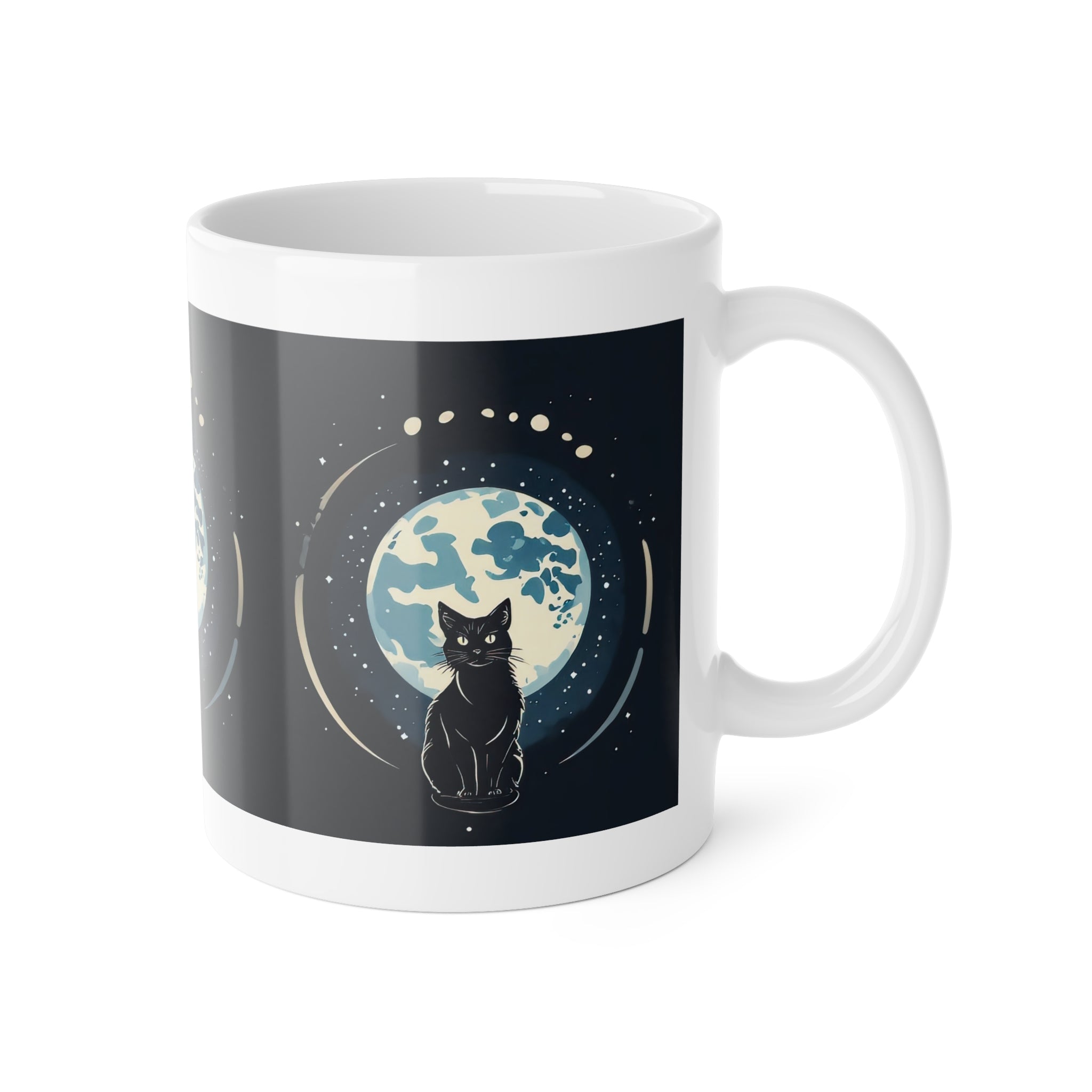 Cat Moon Mug — Black Cat Sitting in Front of Full Moon Ceramic Coffee Cup