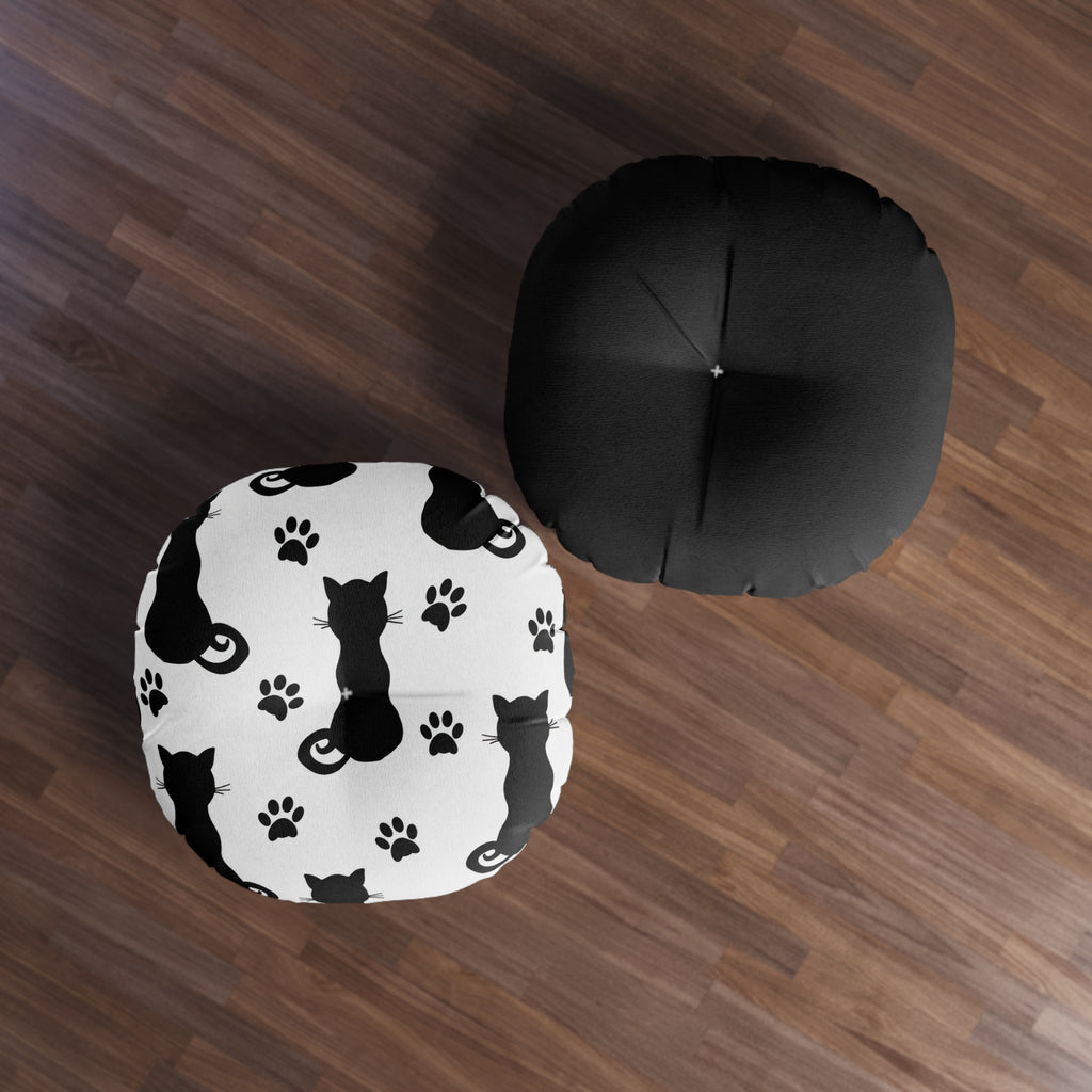 Round Tufted Floor Pillow — Black Cat Silhouette & Paw Print Pattern