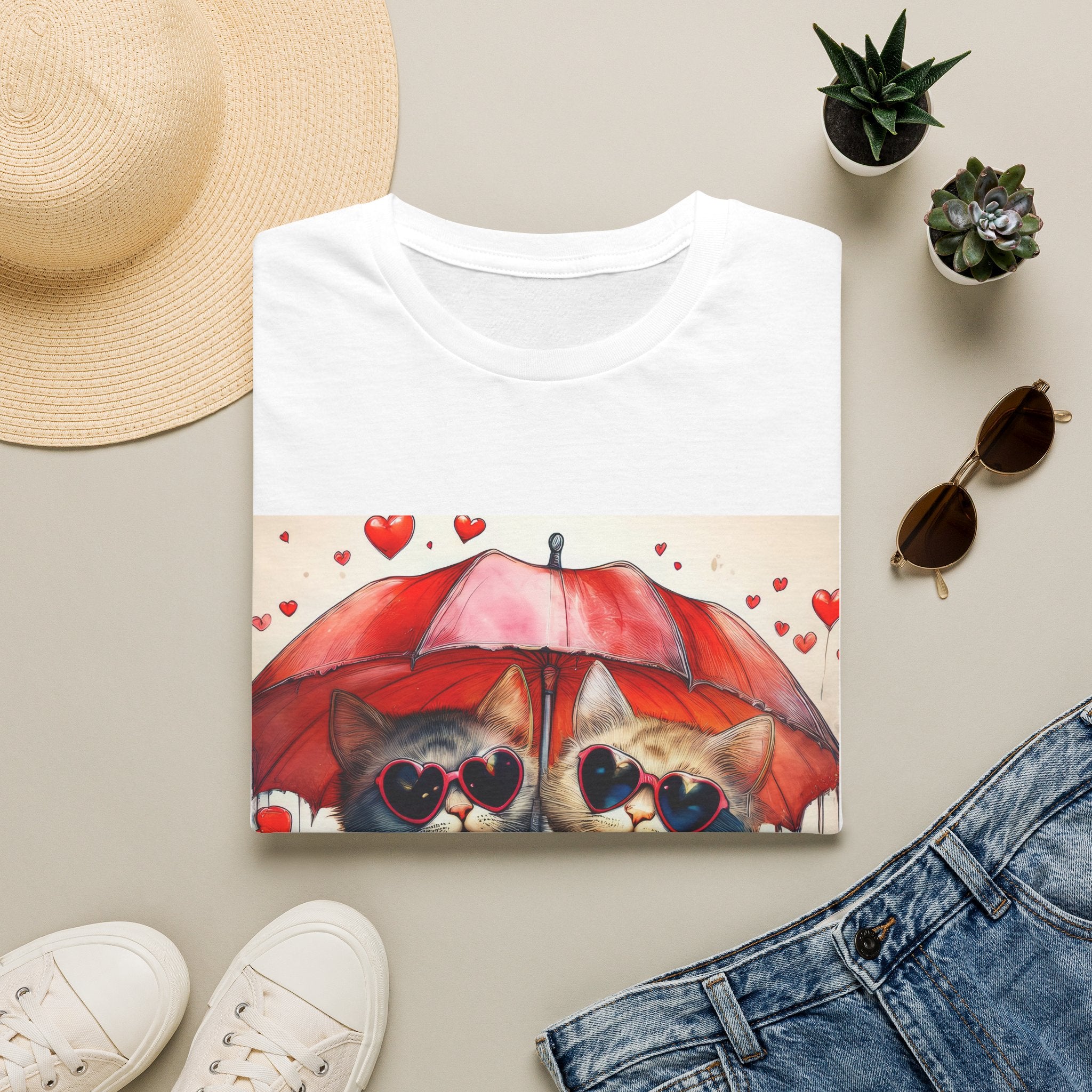 Cat Love T-Shirt — Kittens with Heart Sunglasses Under Red Umbrella