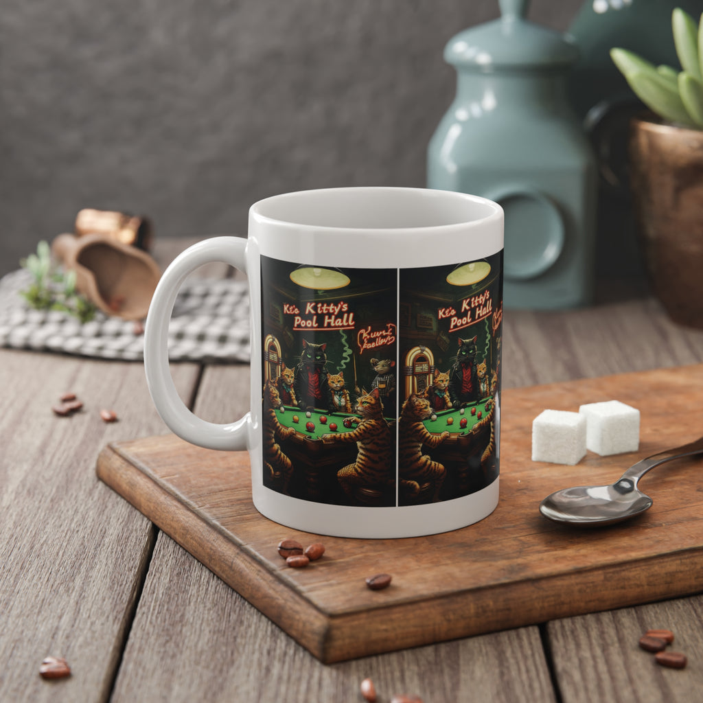 Kitty’s Pool Hall Ceramic Mug — Vintage Cat Billiards Coffee Cup