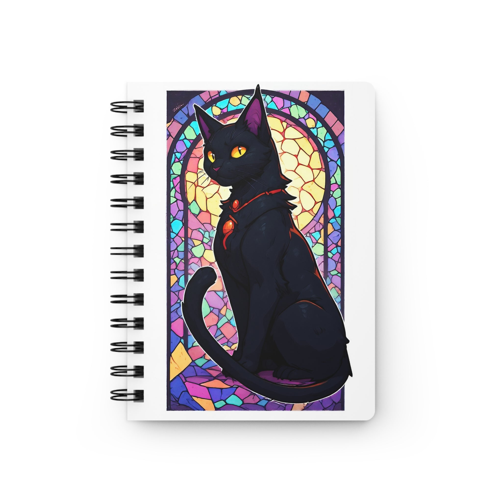 Black Cat Stained Glass Spiral Journal — Witchy Notebook for Notes & Sketches