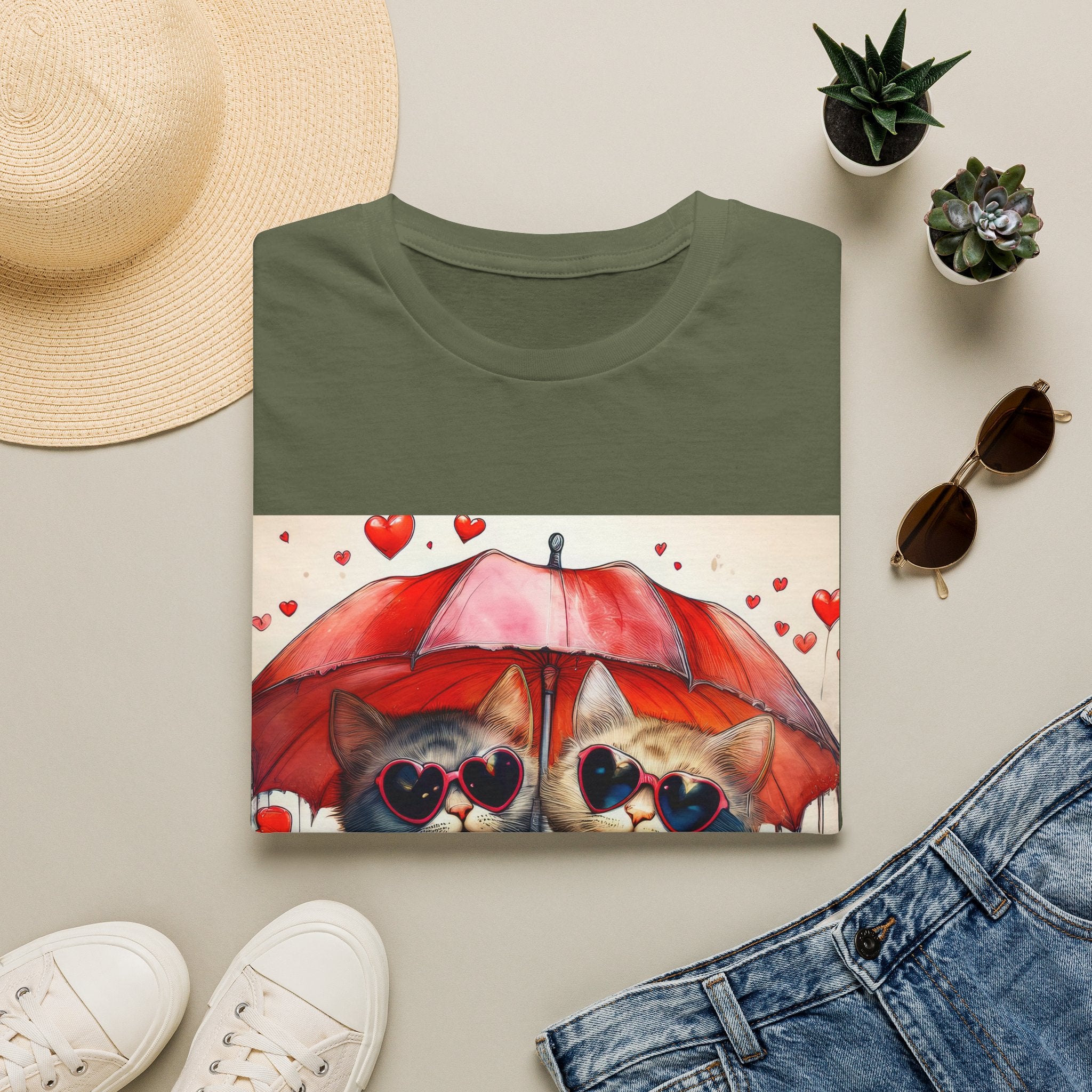 Cat Love T-Shirt — Kittens with Heart Sunglasses Under Red Umbrella