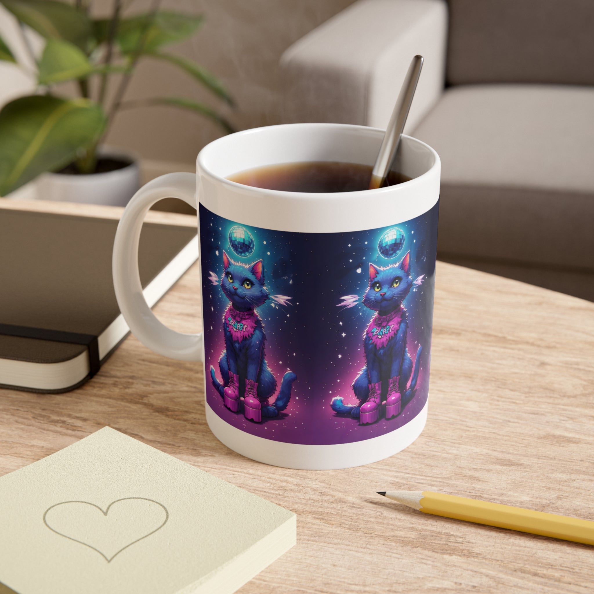 Cosmic Cat Ceramic Mug — 11oz Purple Space Kitty Coffee Cup