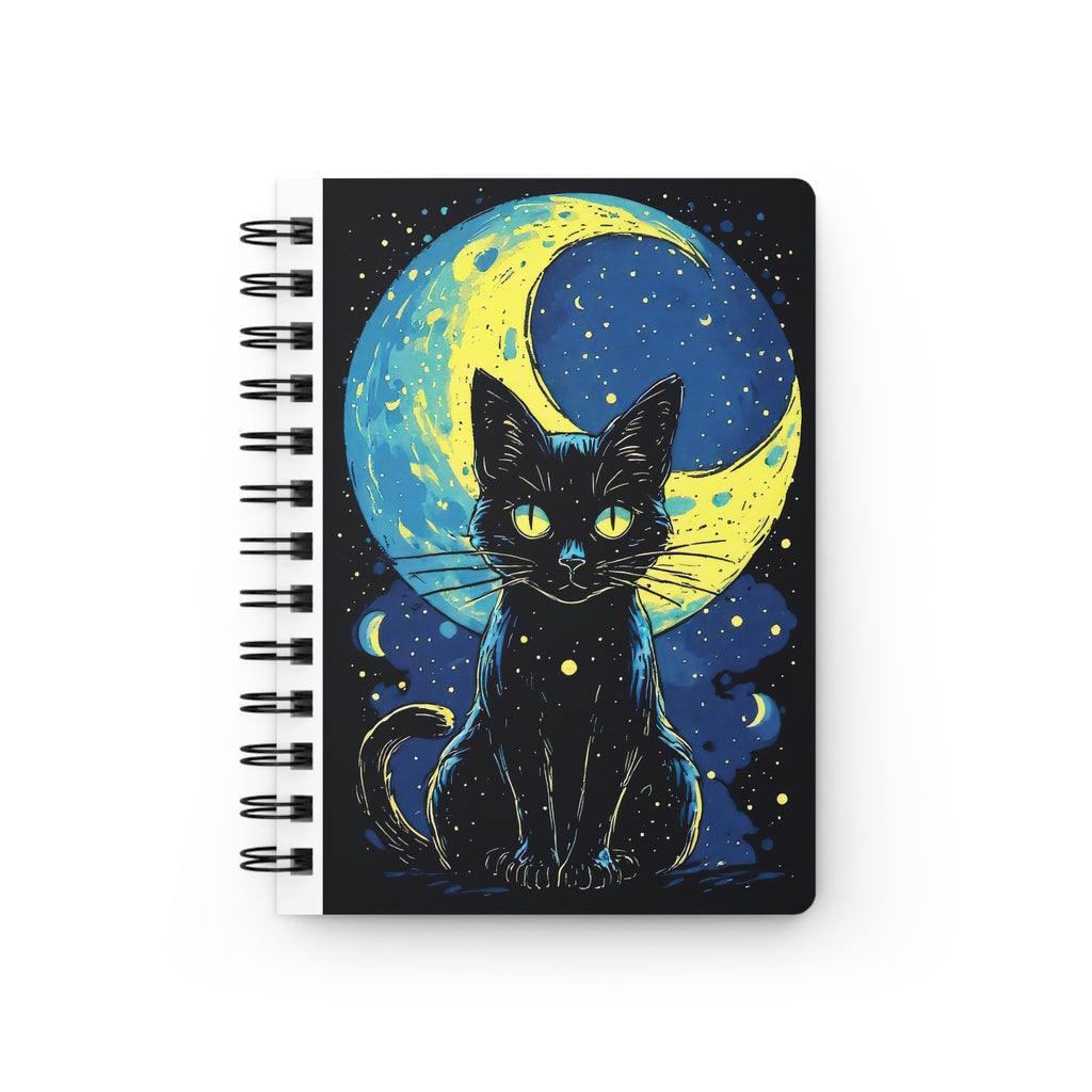 Moonlit Cat Spiral Notebook — Black Cat Journal with Crescent Moon Art