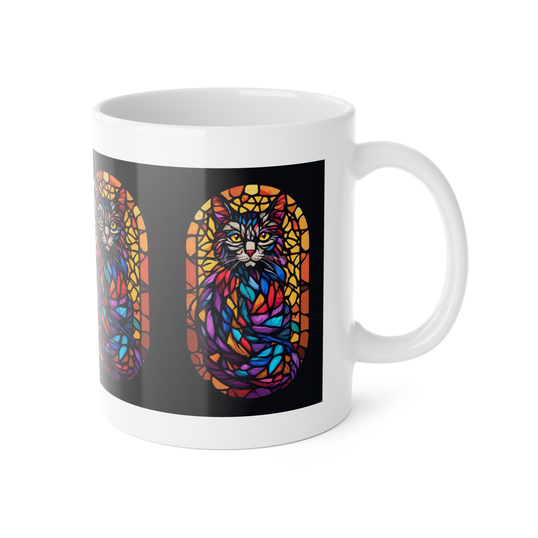 Stained Glass Cat Mug — Colorful Cathedral Window Ceramic Coffee Cup, Gift for Cat Lovers
