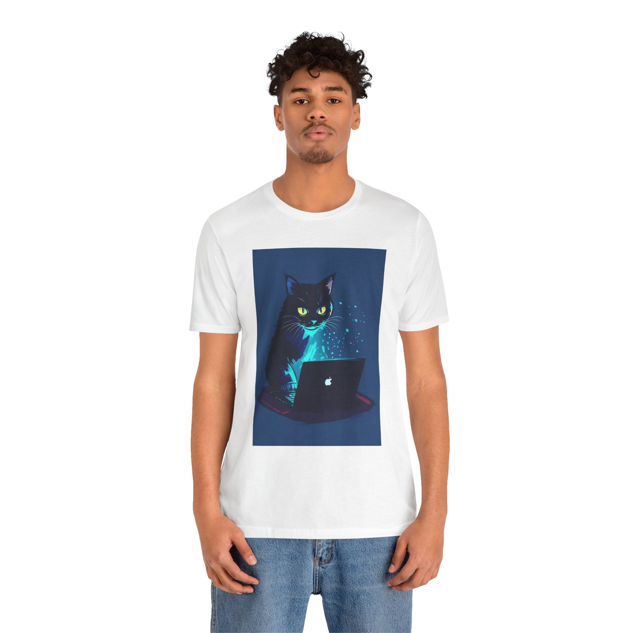 Cat Hacker T‑Shirt — Glowing Laptop Black Cat Graphic Tee