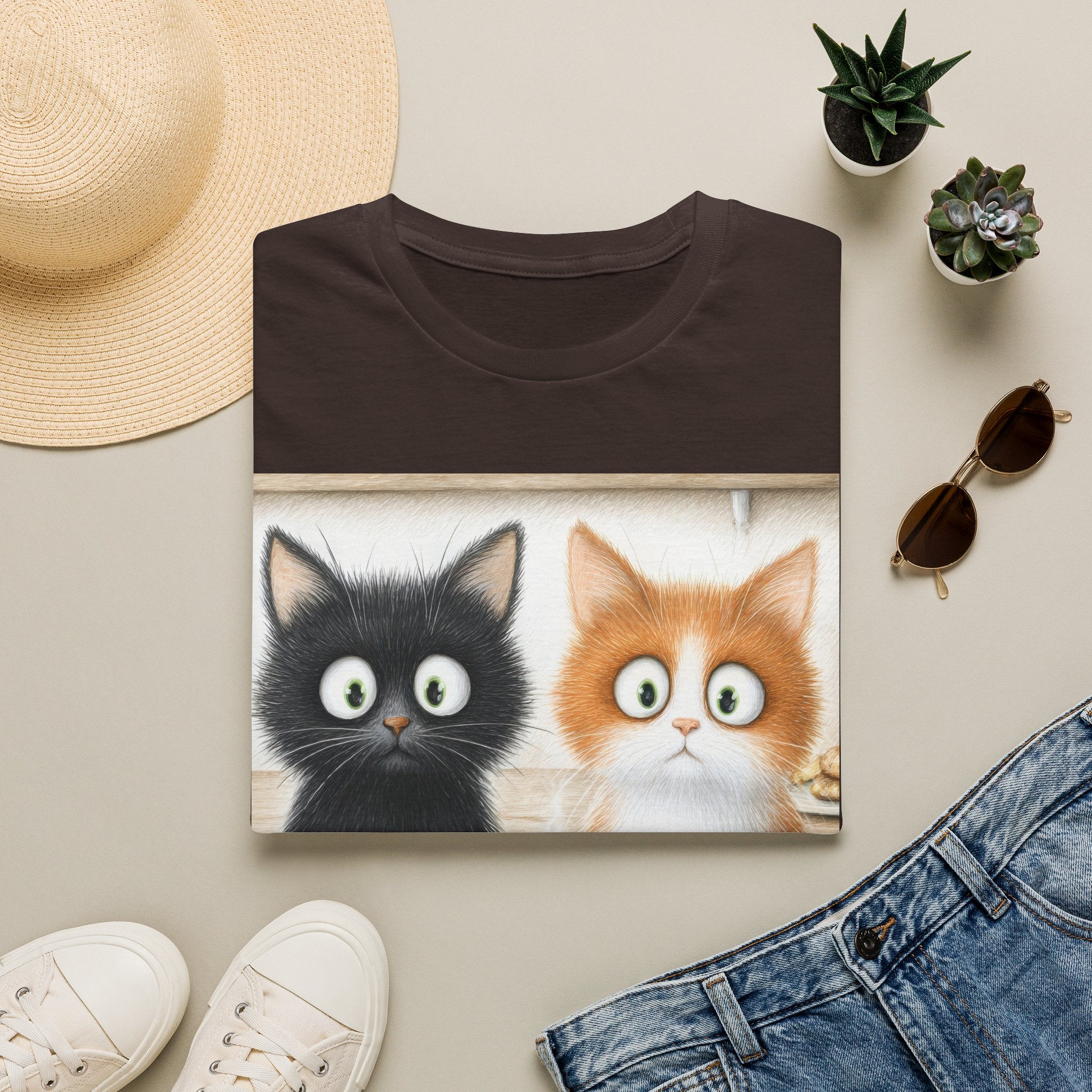 Cute Coffee Cats T‑Shirt — Wide‑Eyed Black & Ginger Kittens Graphic Tee