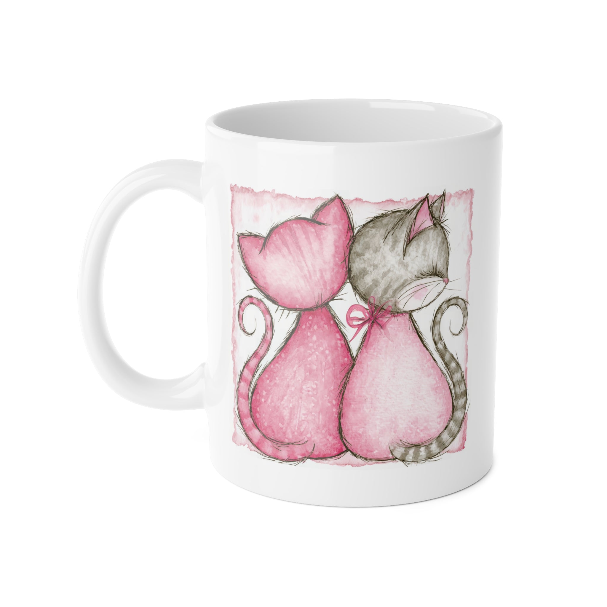 Pink Cats Ceramic Mug — Cute Pairing Cat Illustration, Romantic Gift 11oz