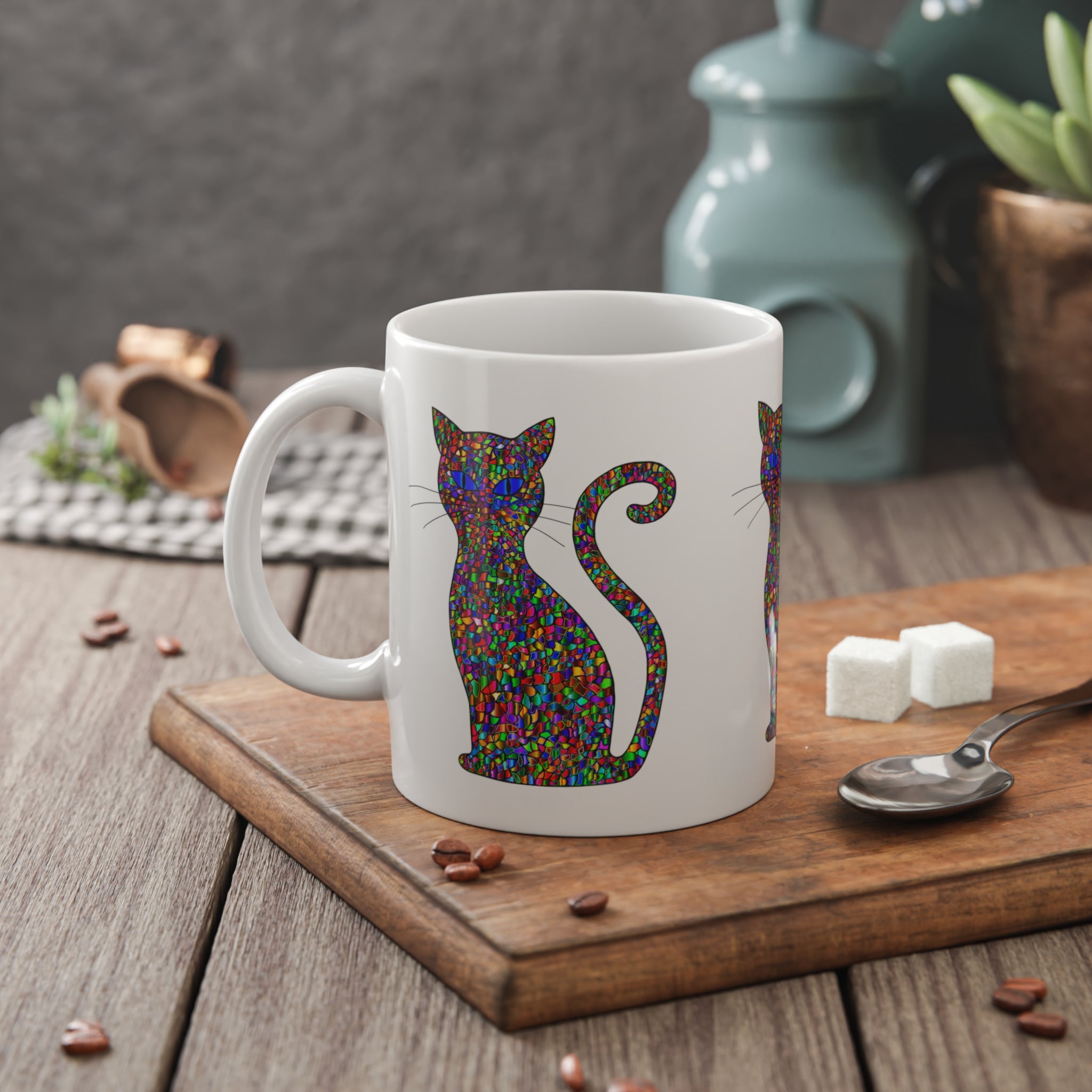 Colorful Mosaic Cat Mug — 11oz Ceramic Coffee Cup