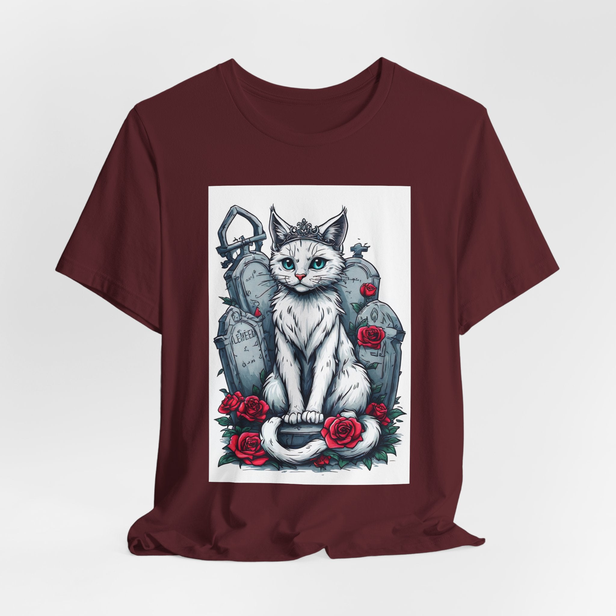 Gothic Cat Graveyard Tee – White Cat with Tombstones & Roses Graphic T-Shirt