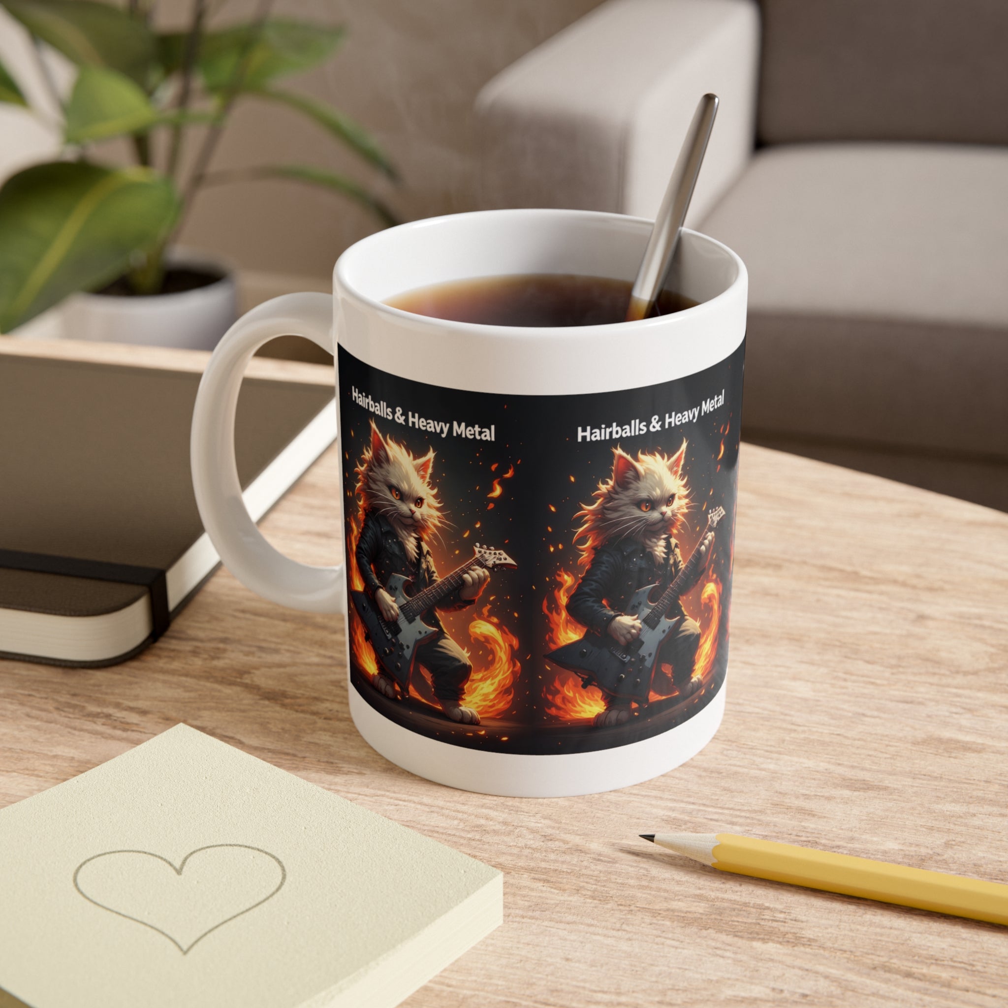 Hairballs & Heavy Metal Mug — Fiery Guitar-Playing Cat Coffee Cup