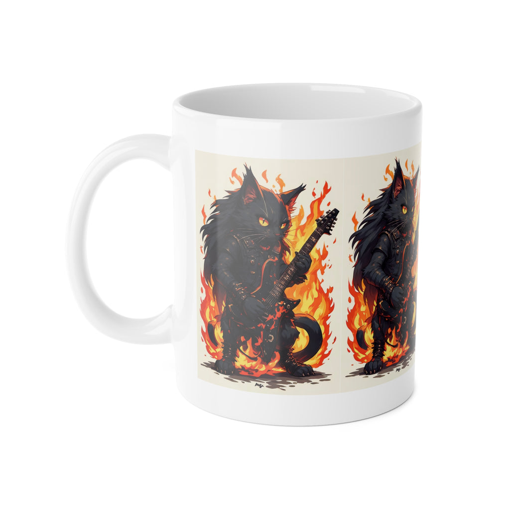 Flaming Rock Cat Mug — Black Cat Playing Electric Guitar Ceramic Coffee Cup
