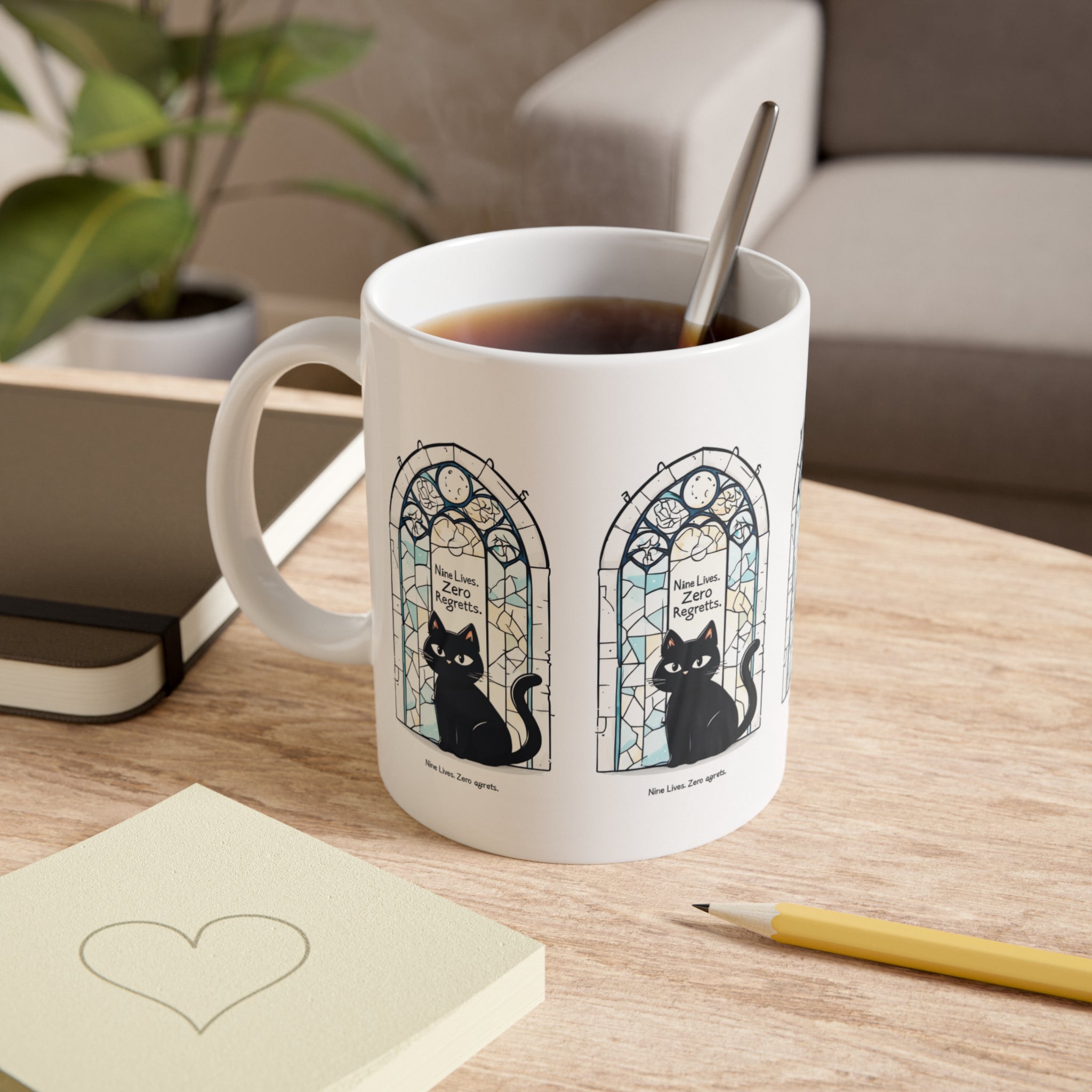 Cat Mug — Black Cat Stained Glass Design with "Nine Lives, Zero Regrets" — Ceramic Coffee Cup