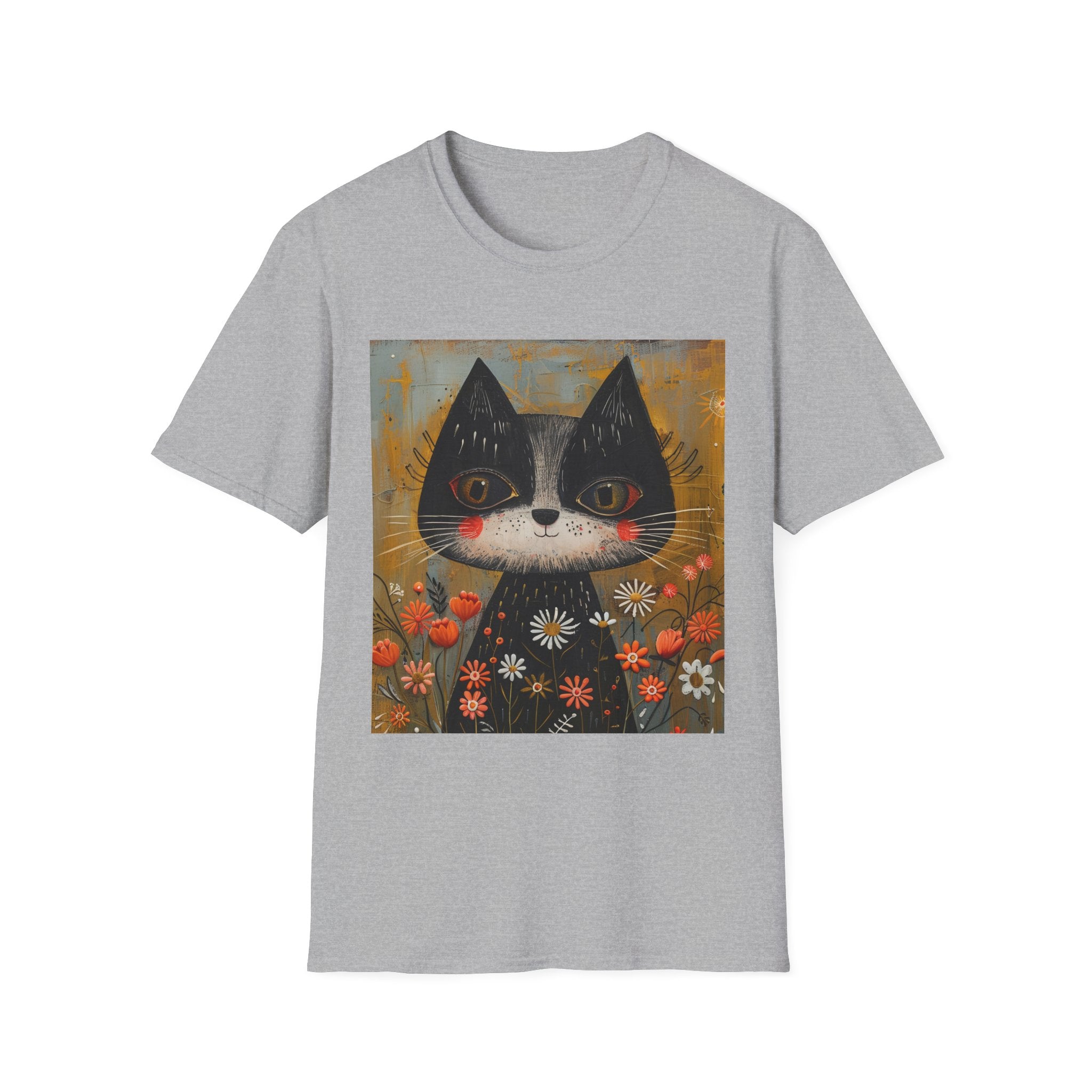 Whimsical Black & White Cat Tee — Cute Floral Portrait T-Shirt