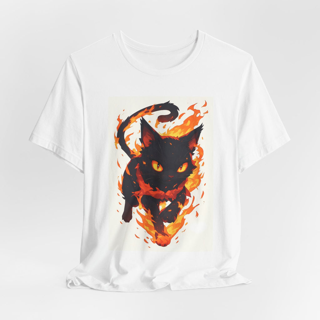 Flaming Black Cat Tee — Fiery Halloween Graphic T-Shirt