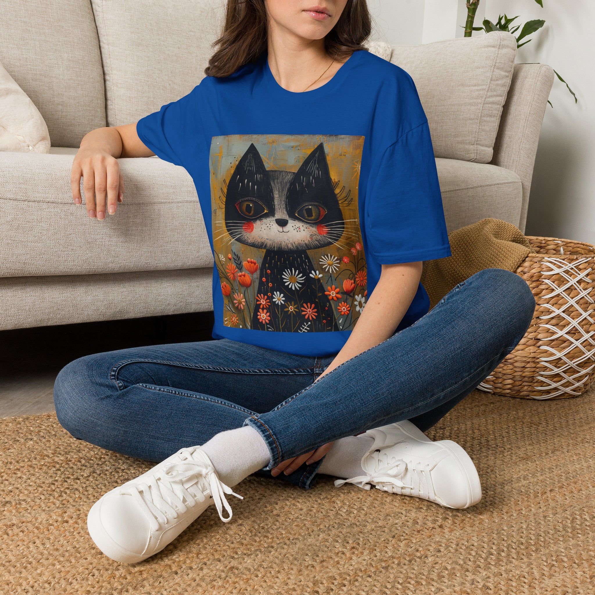 Whimsical Black & White Cat Tee — Cute Floral Portrait T-Shirt