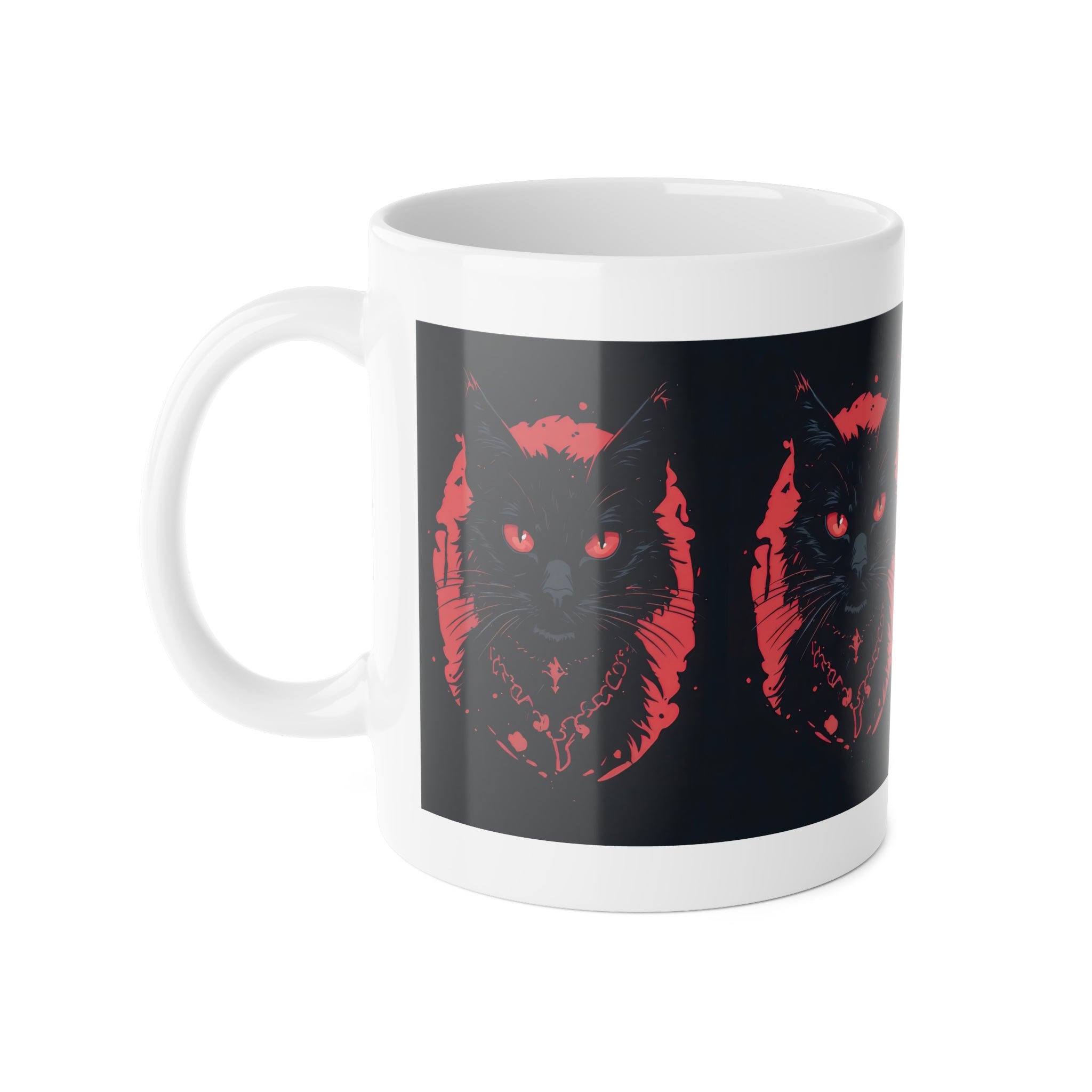 Black Cat Portrait Mug — Gothic Red & Black Ceramic Coffee Cup
