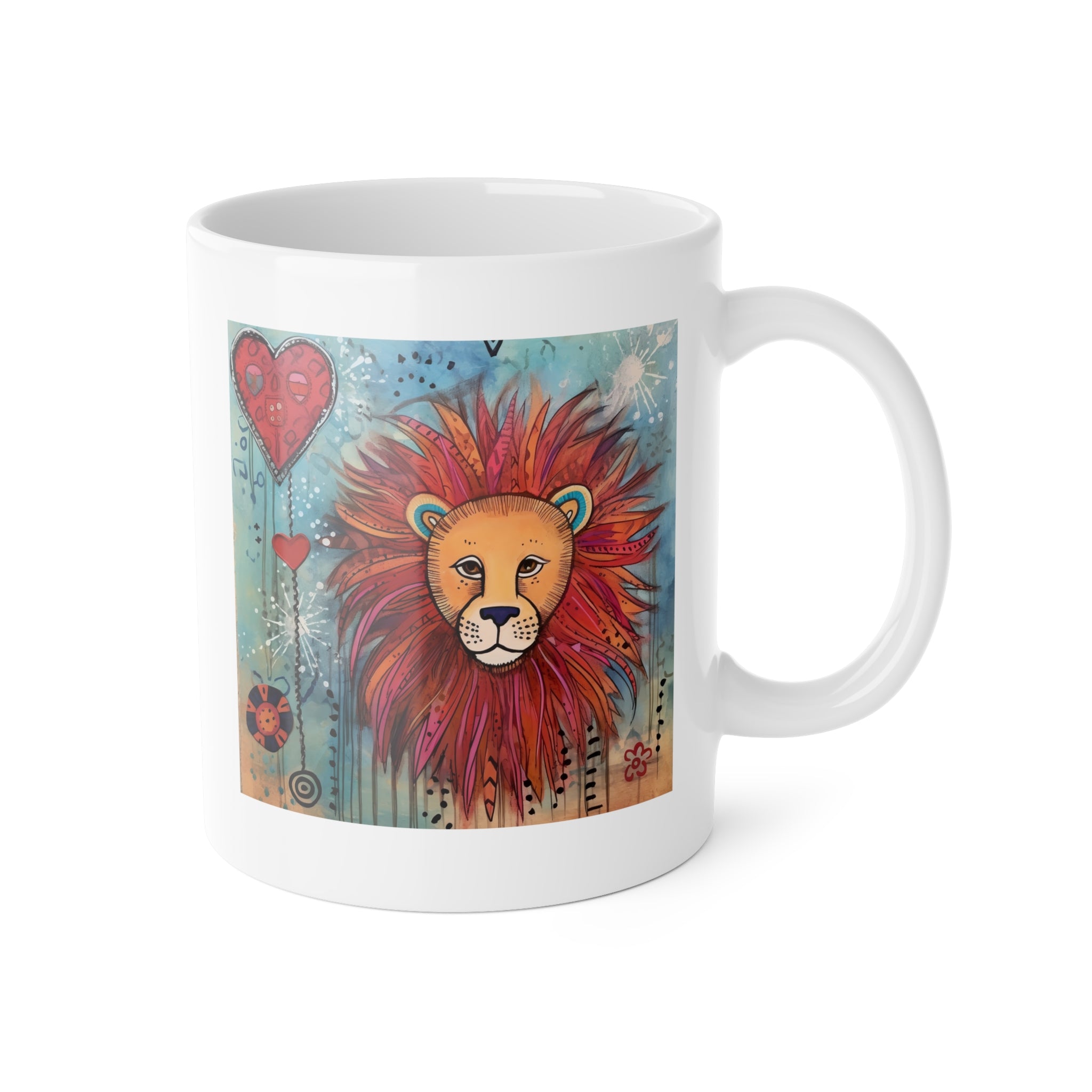Lion Heart Ceramic Mug — Colorful Whimsical Lion Art, 11oz