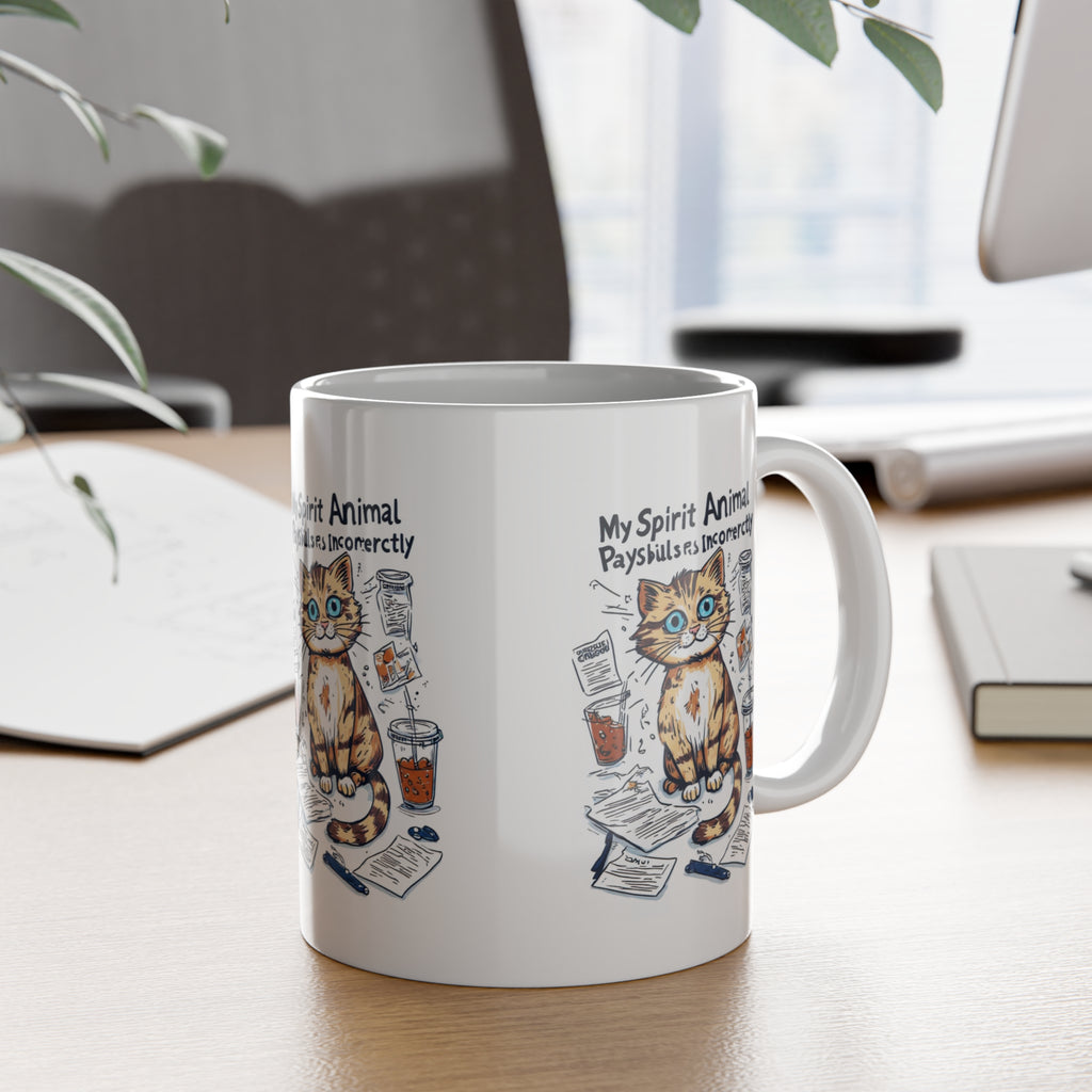 Cat Spirit Animal Mug — "My Spirit Animal Pays Bills Incorrectly" 11oz Ceramic Coffee Cup