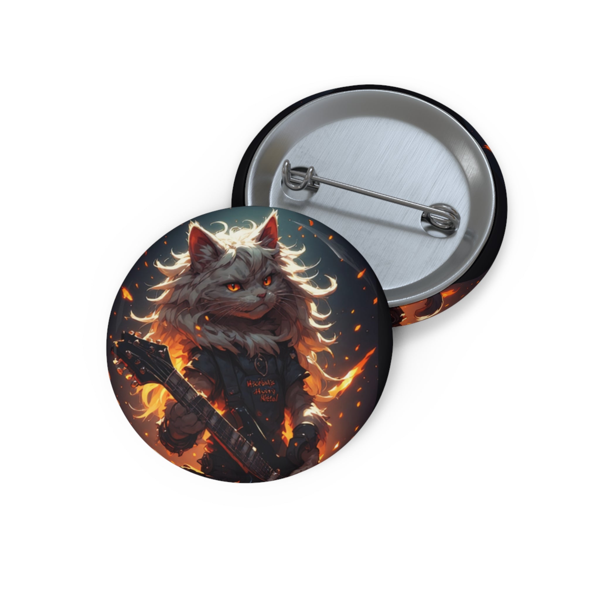 Flaming Warrior Cat Pin Button — Cute Feline Guitar Enamel-Style Badge