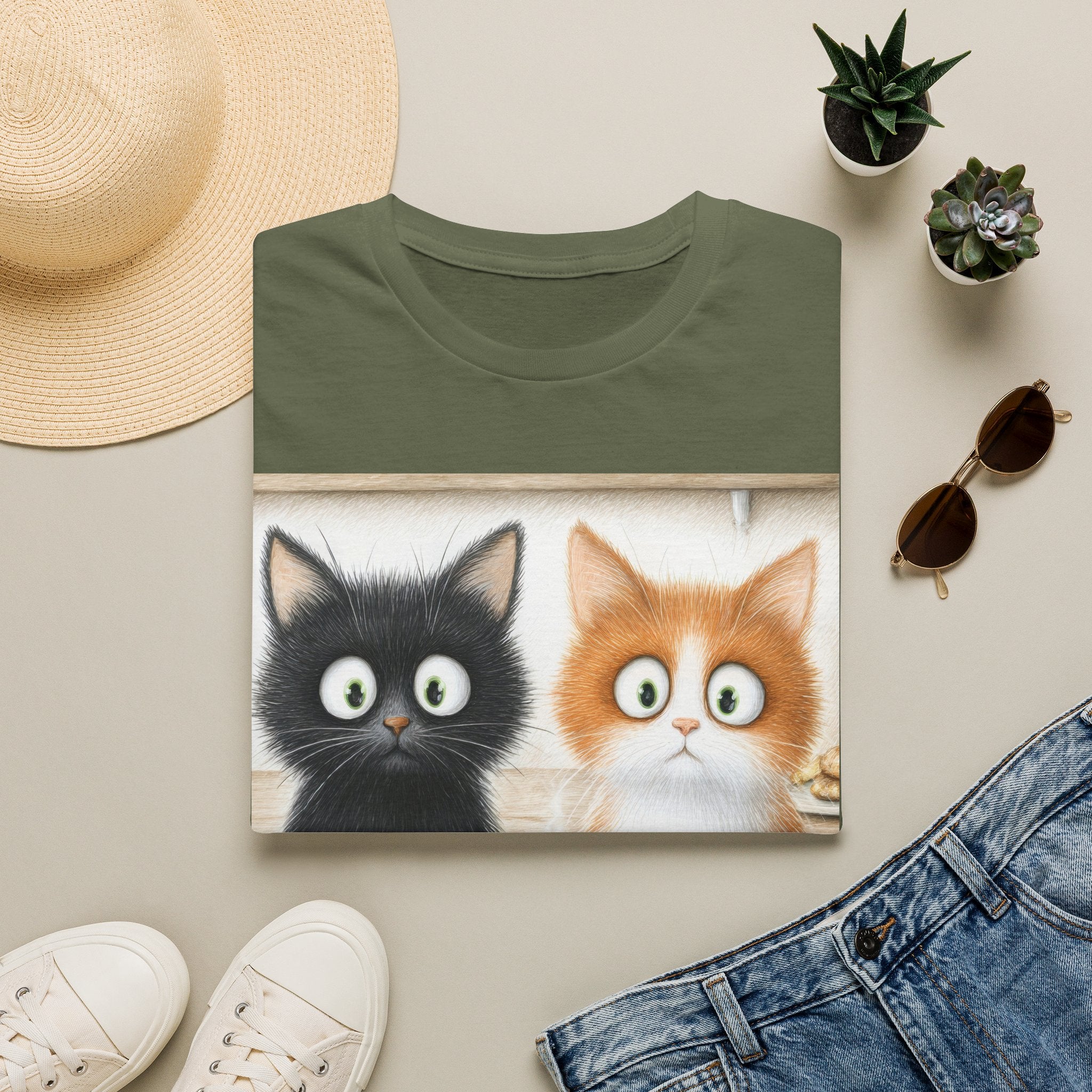Cute Coffee Cats T‑Shirt — Wide‑Eyed Black & Ginger Kittens Graphic Tee
