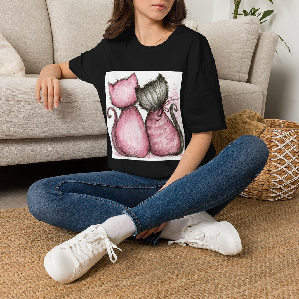 Sweetheart Cats T-Shirt — Pink & Gray Kitty Love Graphic Tee