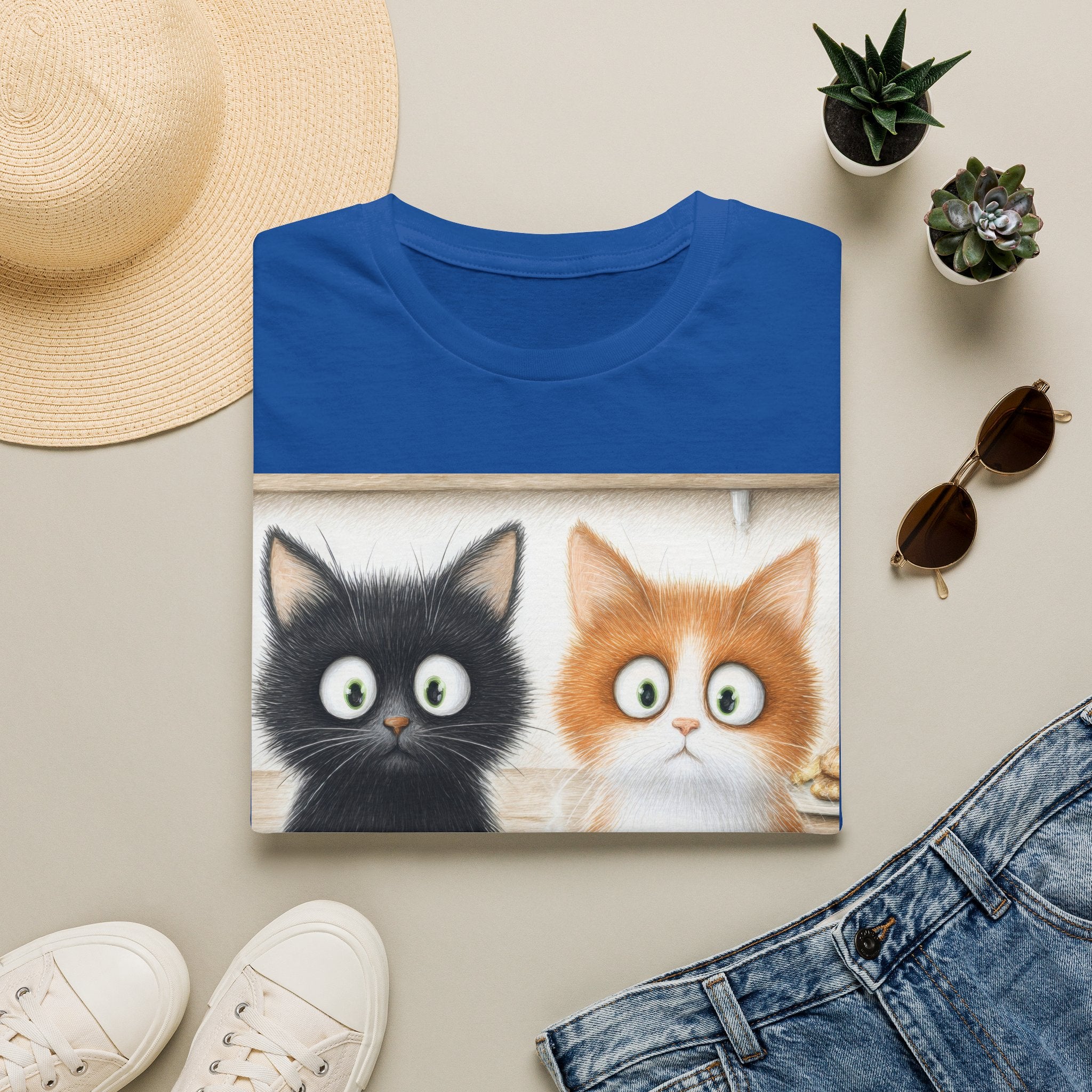 Cute Coffee Cats T‑Shirt — Wide‑Eyed Black & Ginger Kittens Graphic Tee